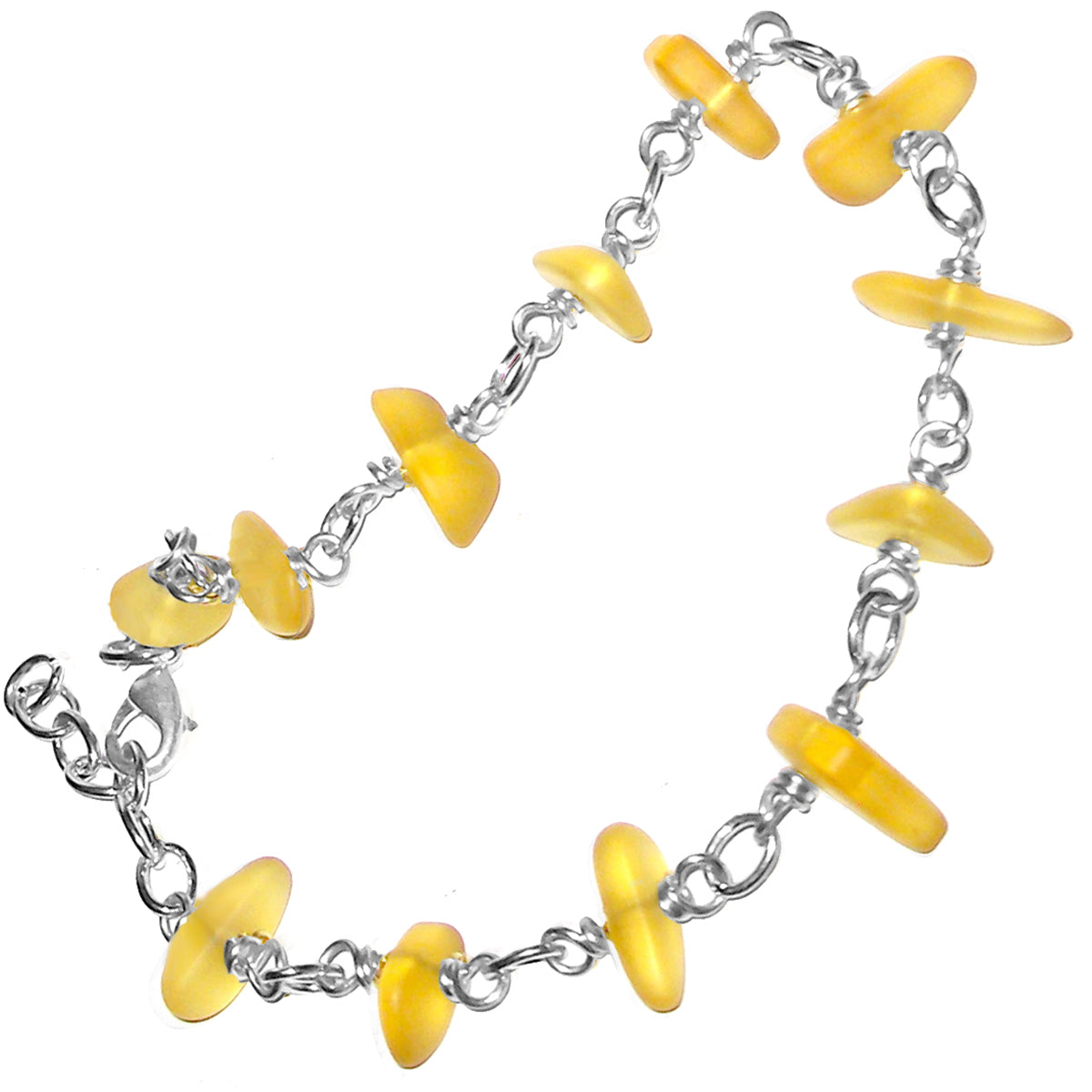 01 Artisan gold/silver twisted wire links, cultured sea glass small nugget beads bracelet | aka, beach tumbled | Yellow