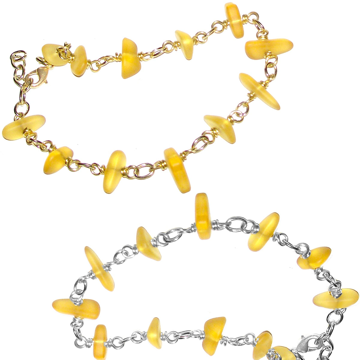 01 Artisan gold/silver twisted wire links, cultured sea glass small nugget beads bracelet | aka, beach tumbled | Yellow