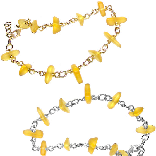 01 Artisan gold/silver twisted wire links, cultured sea glass small nugget beads bracelet | aka, beach tumbled | Yellow