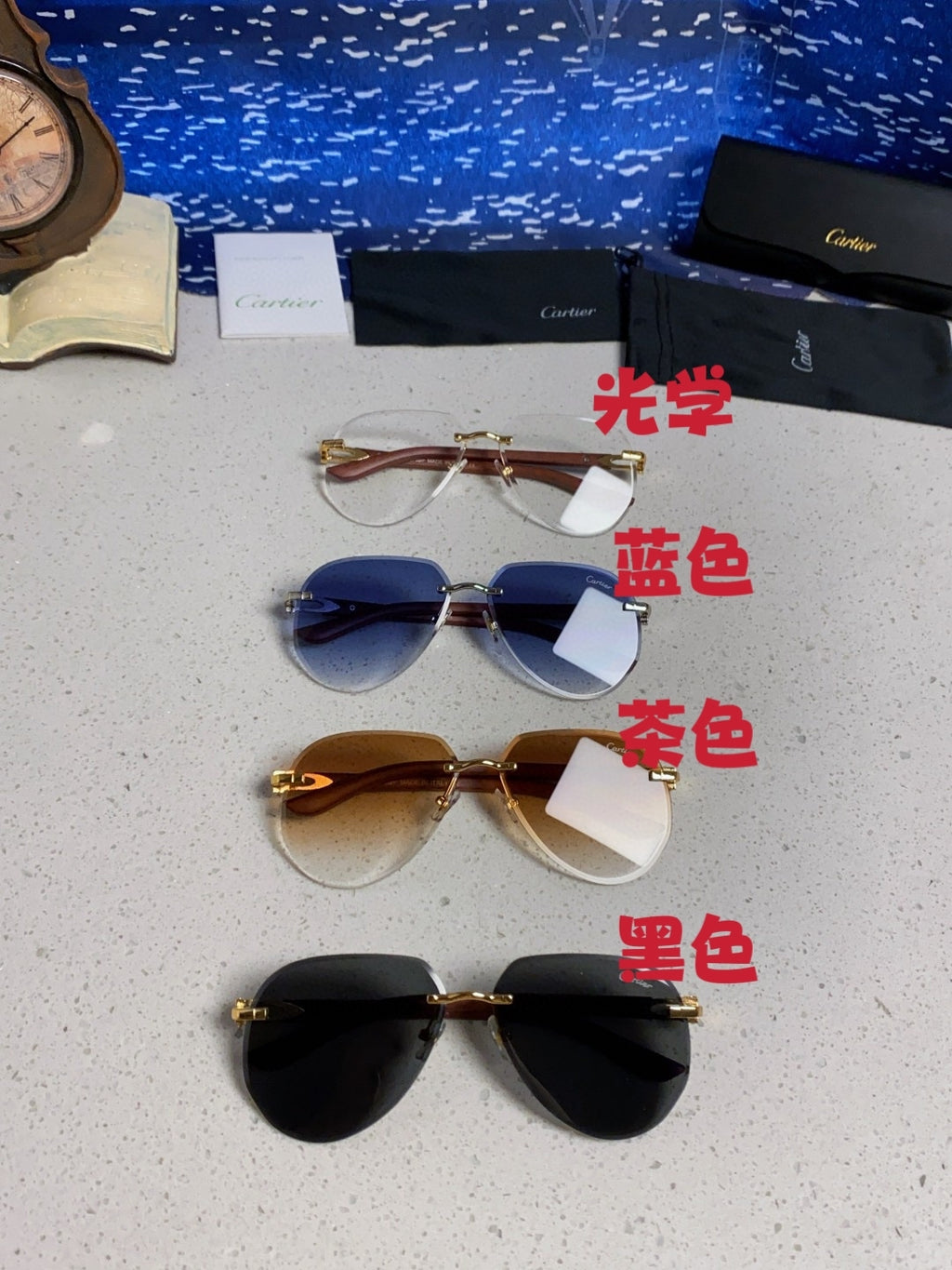 Cartier Lightweight Rimless Blue Lens Sunglasses for Men & Women - 358542 - detail image 11