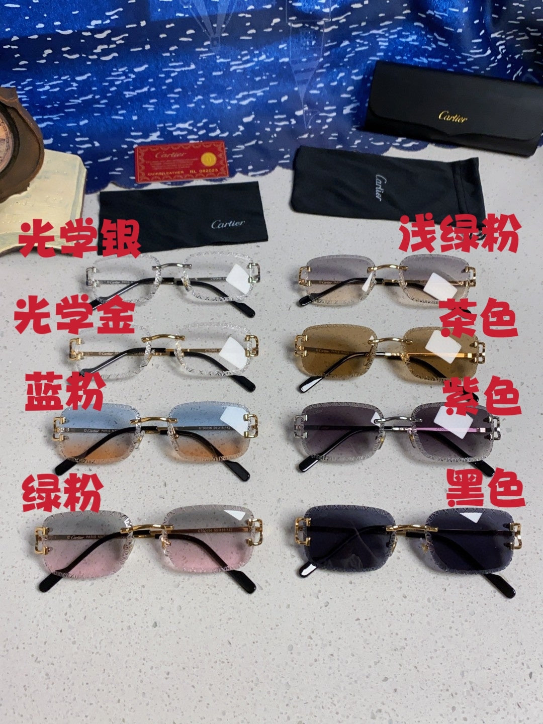 Cartier Metal Square Blue Lens Sunglasses for Men & Women - 998233 - detail image 12
