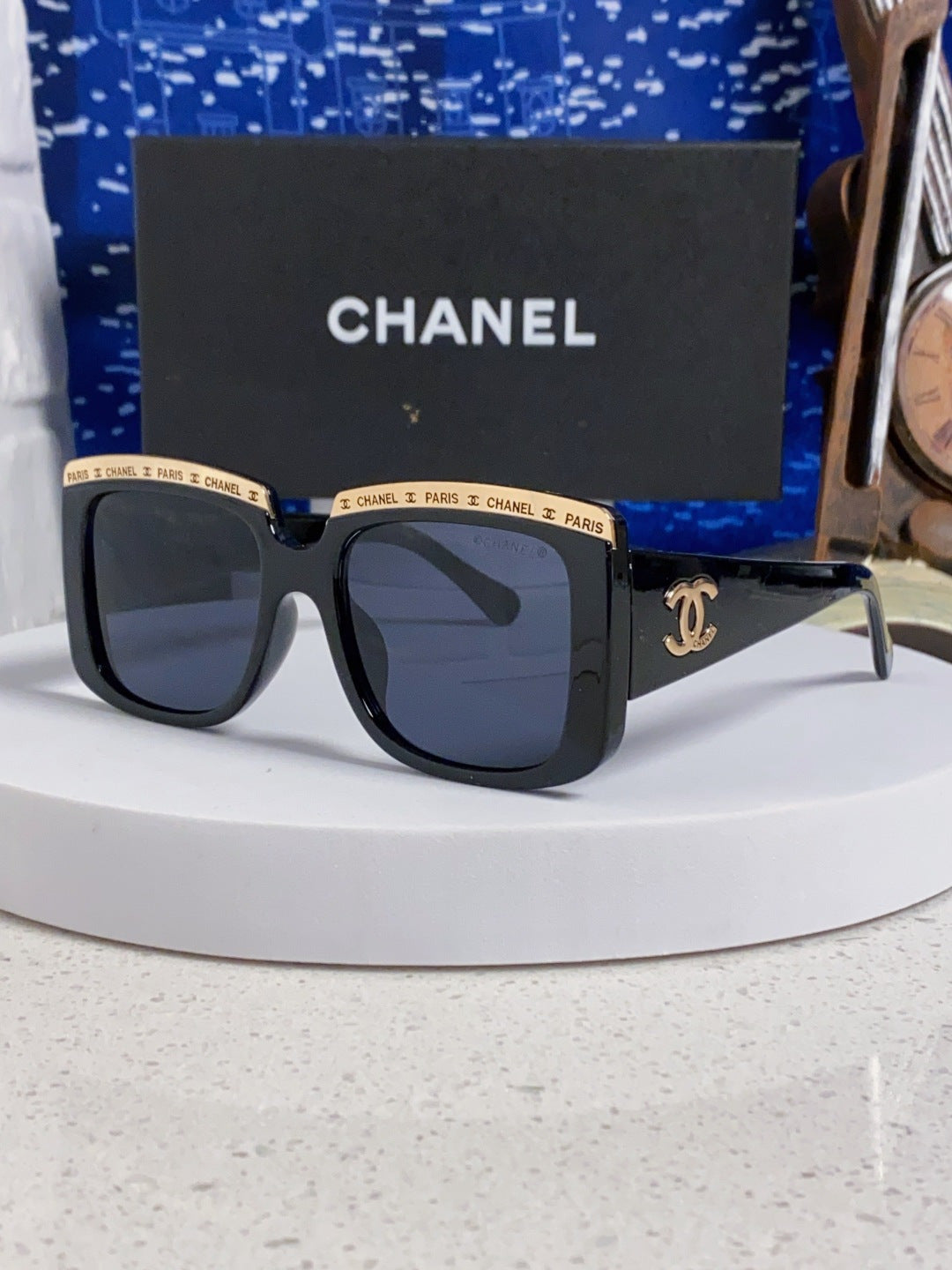 Chanel Metal Square Blue Lens Sunglasses for Women