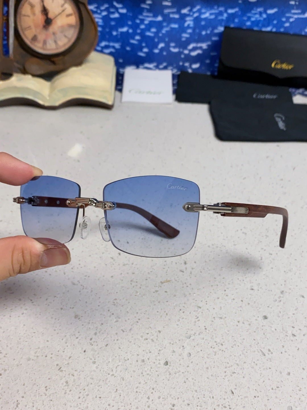 Cartier Lightweight Rimless Blue Lens Sunglasses for Men & Women - 998226 - detail image 6