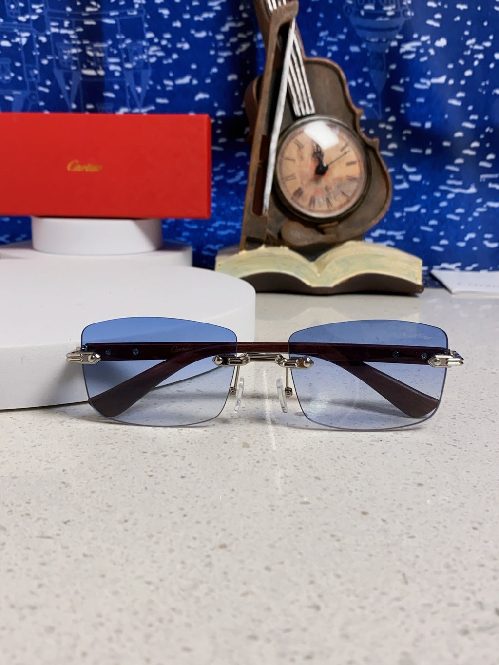 Cartier Lightweight Rimless Blue Lens Sunglasses for Men & Women - 998226 - detail image 9
