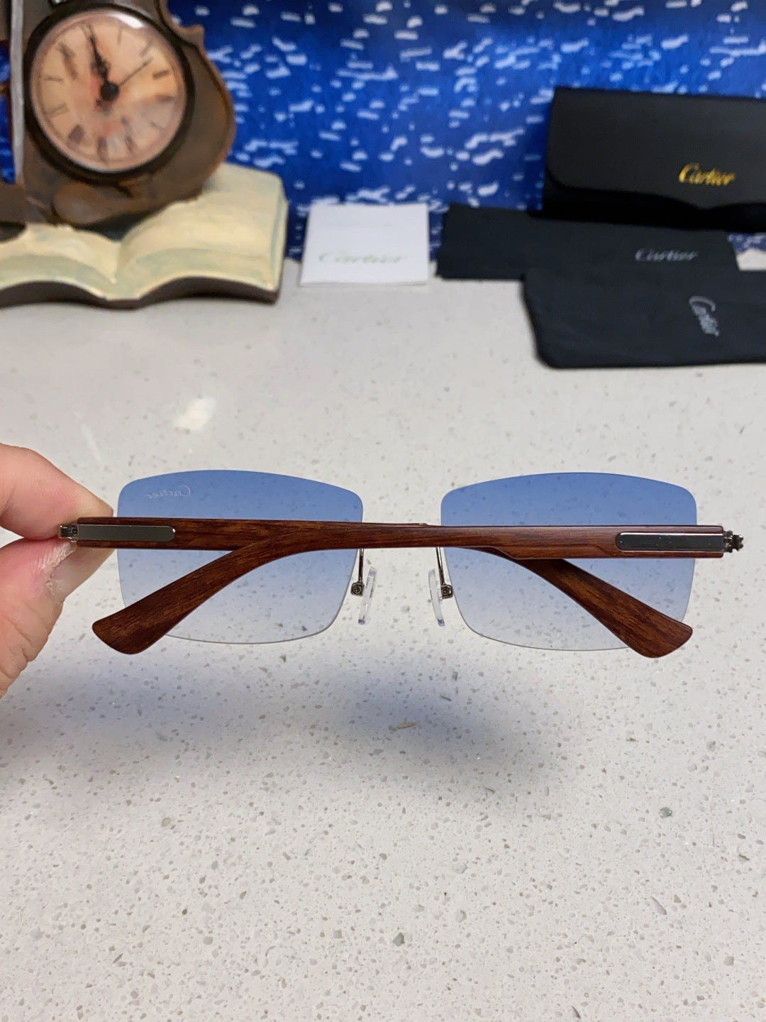 Cartier Lightweight Rimless Blue Lens Sunglasses for Men & Women - 998226 - detail image 5