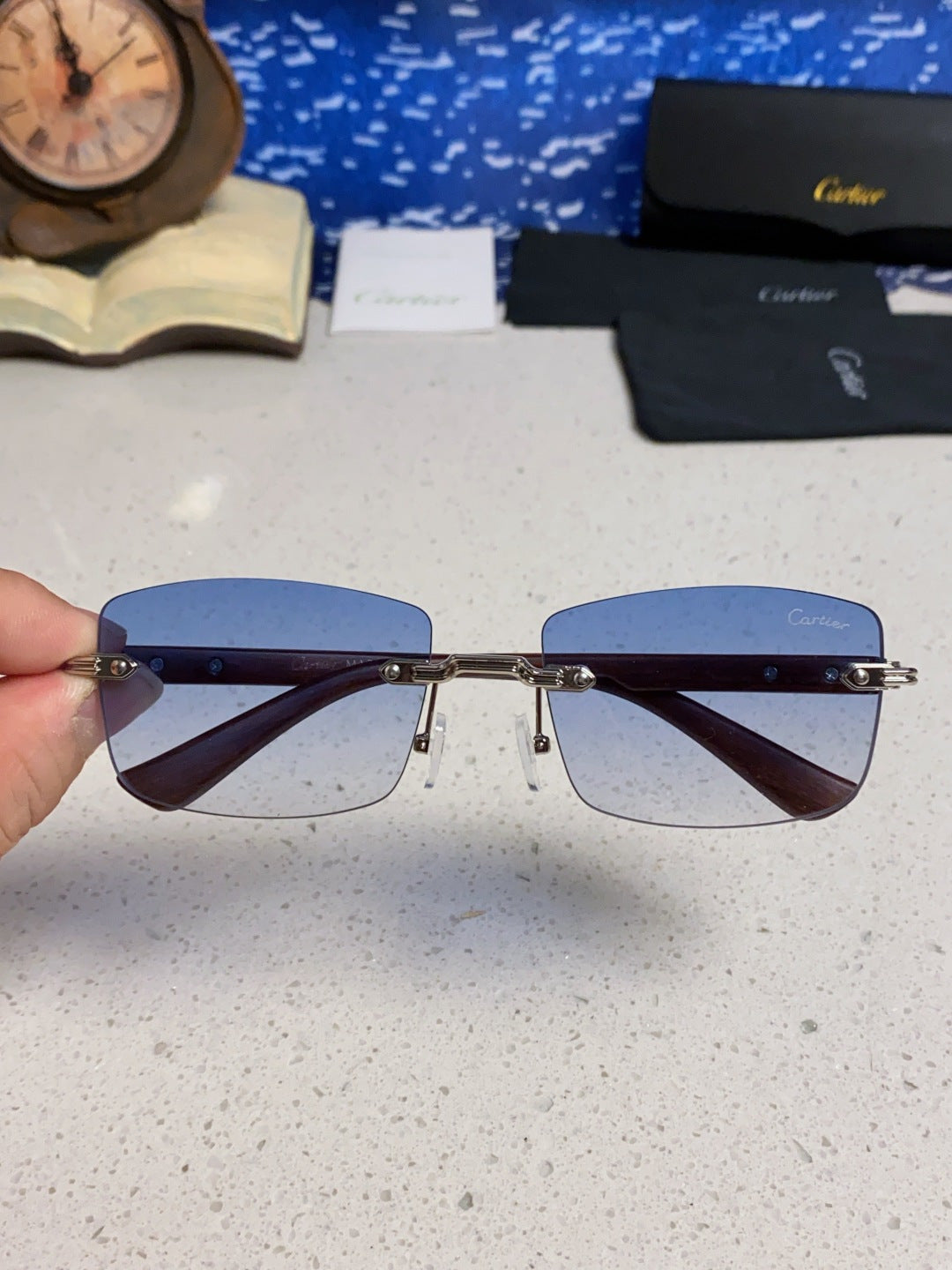 Cartier Lightweight Rimless Blue Lens Sunglasses for Men & Women - 432337 - detail image 4