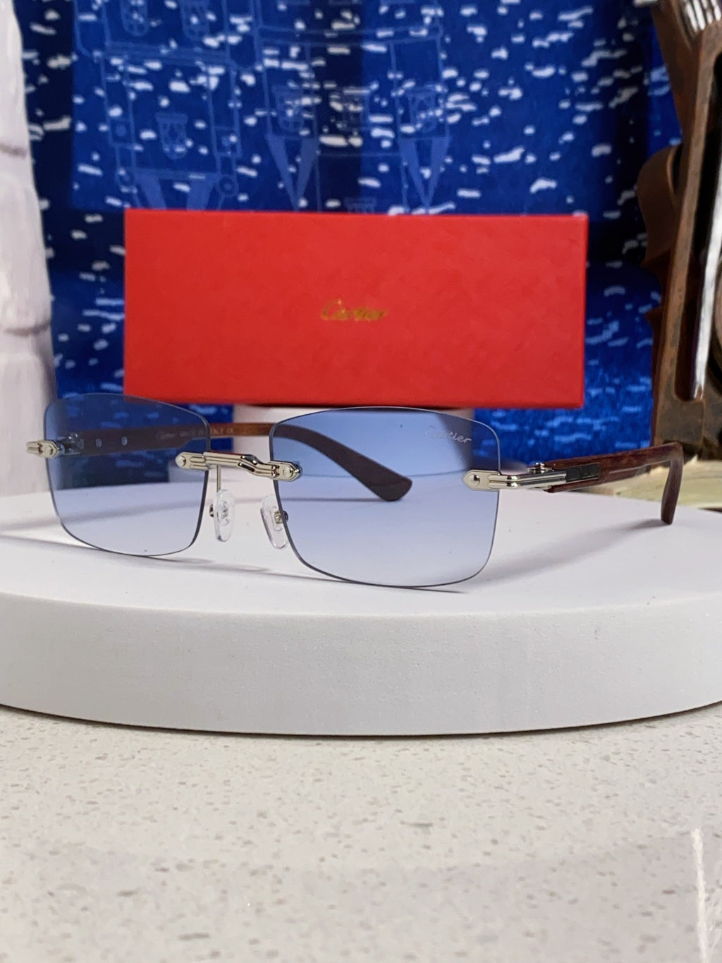 Cartier Lightweight Rimless Blue Lens Sunglasses for Men & Women - 998226