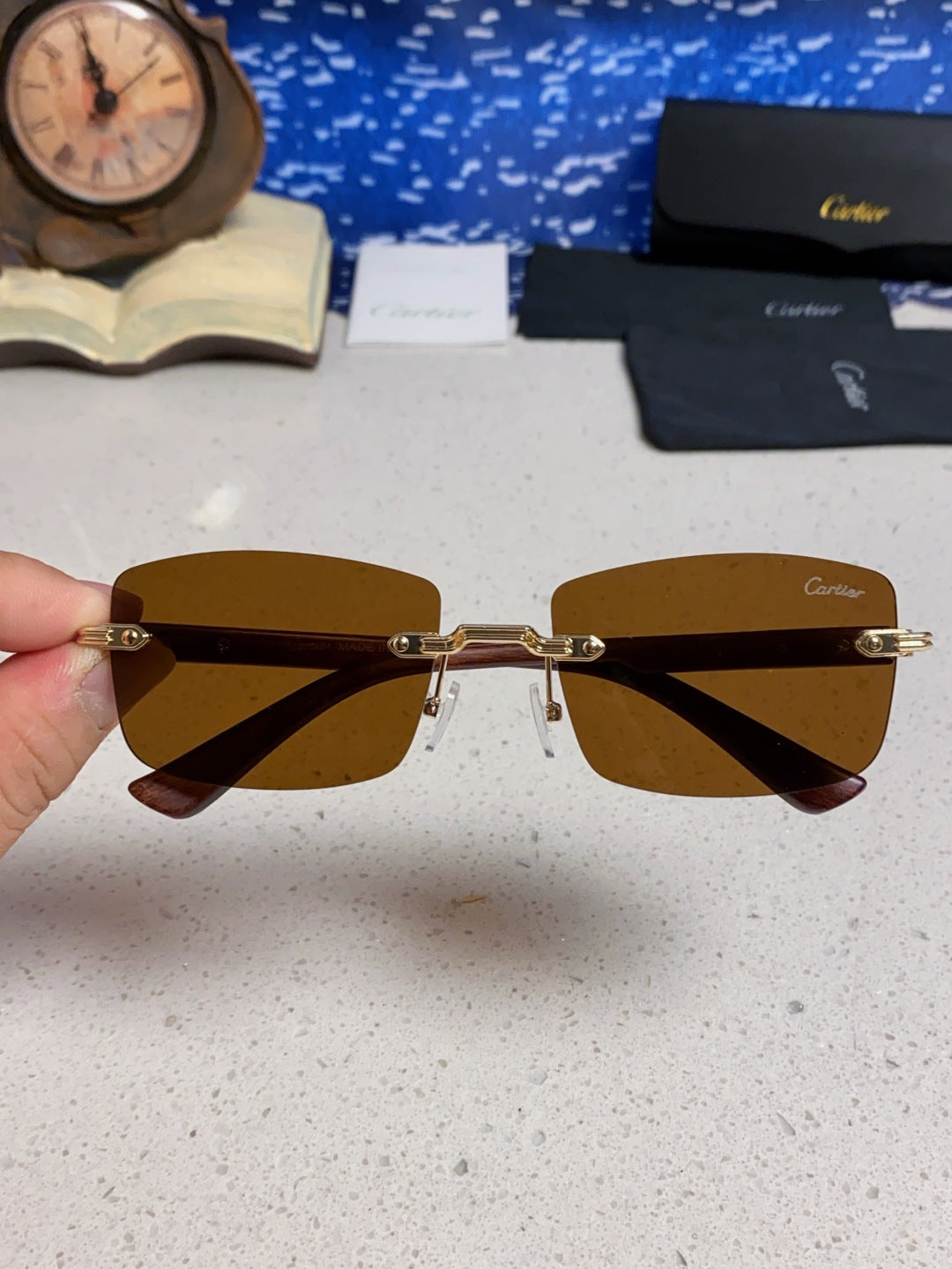 Cartier Lightweight Rimless Brown Lens Sunglasses for Men & Women - 998227 - detail image 4