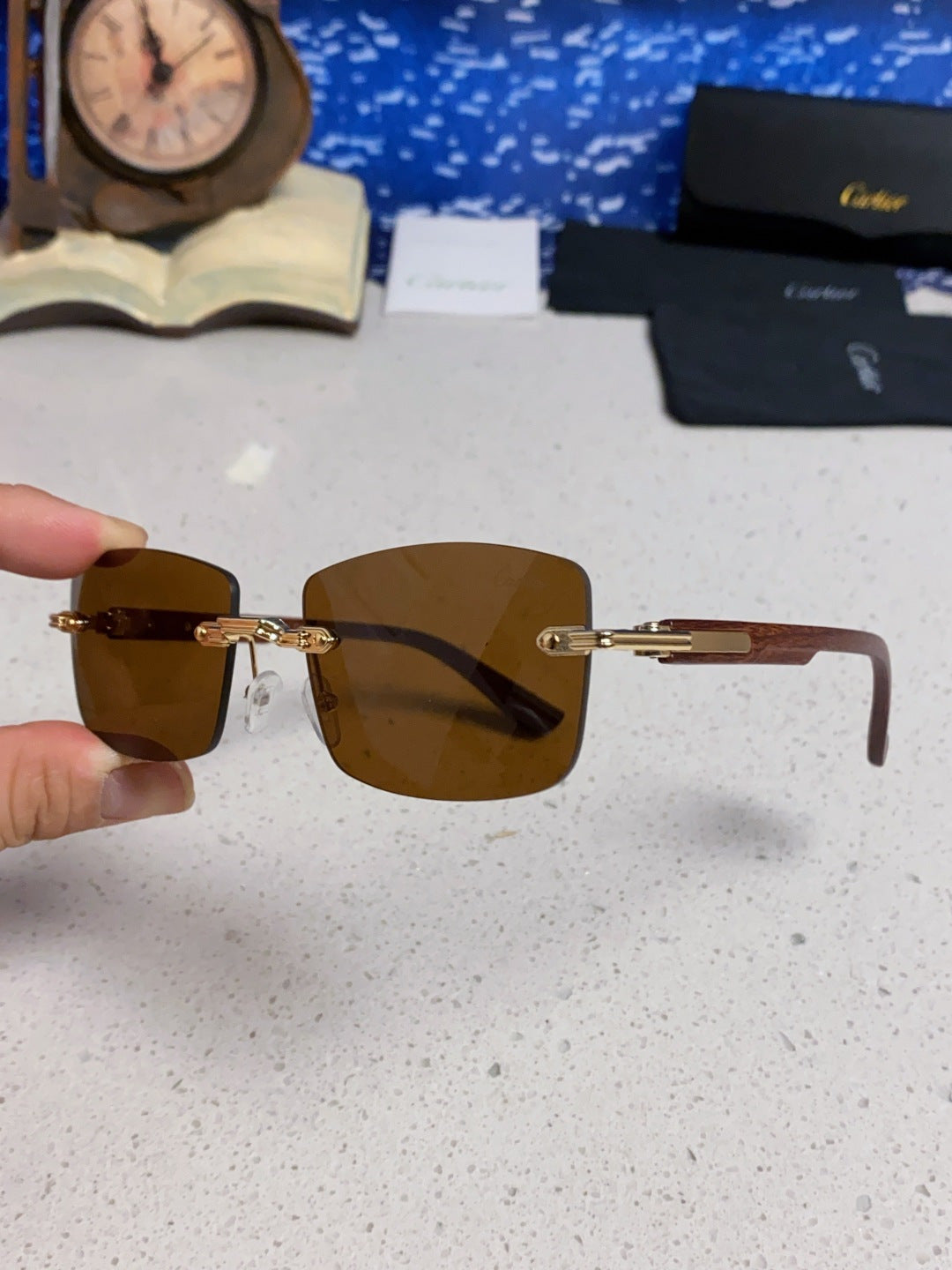 Cartier Lightweight Rimless Brown Lens Sunglasses for Men & Women - 998227 - detail image 6