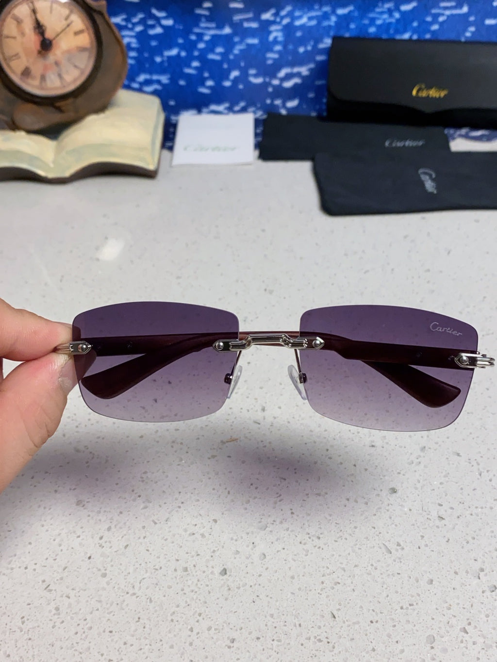 Cartier Lightweight Rimless Purple Lens Sunglasses for Men & Women - 998228 - detail image 3