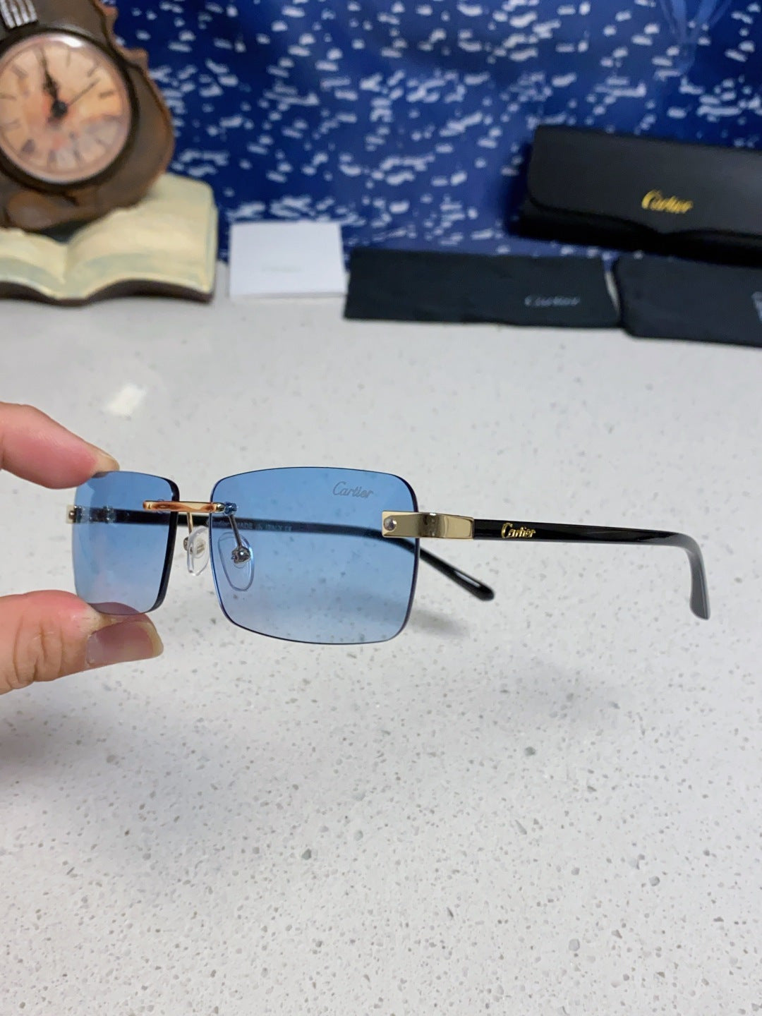Cartier Metal Fashion Blue Lens Sunglasses for Men & Women - detail image 5