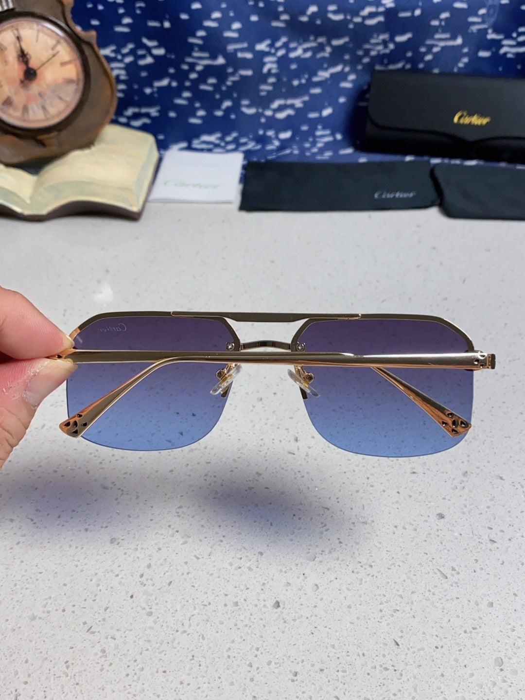 Cartier Metal Square Blue Lens Sunglasses for Men & Women - 158517 - detail image 5