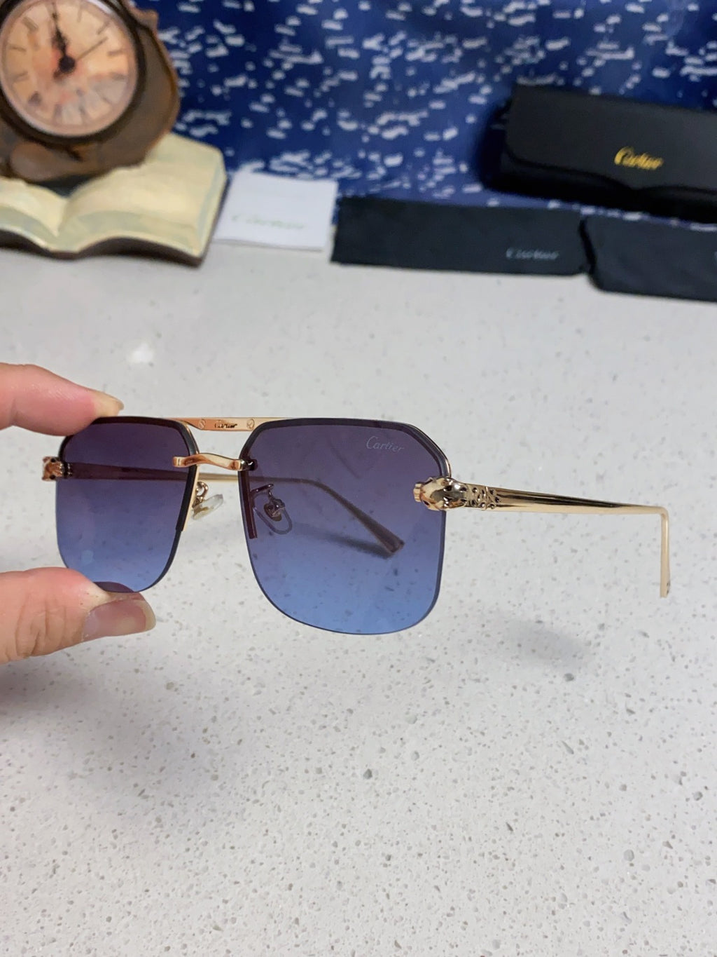 Cartier Metal Square Blue Lens Sunglasses for Men & Women - 158517 - detail image 6