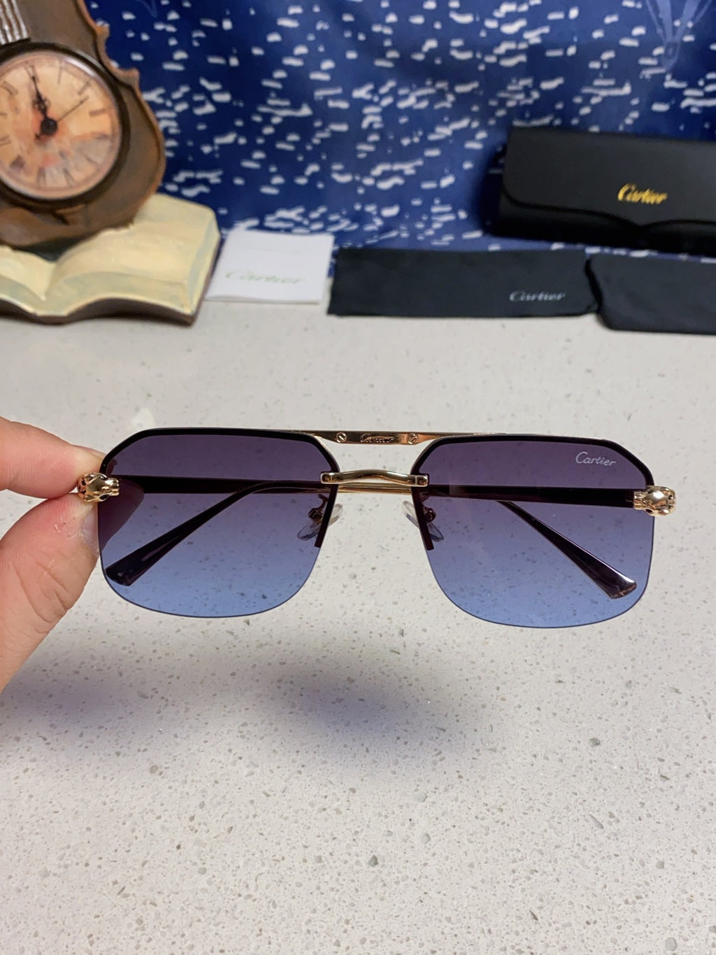 Cartier Metal Square Blue Lens Sunglasses for Men & Women - 158517 - detail image 4