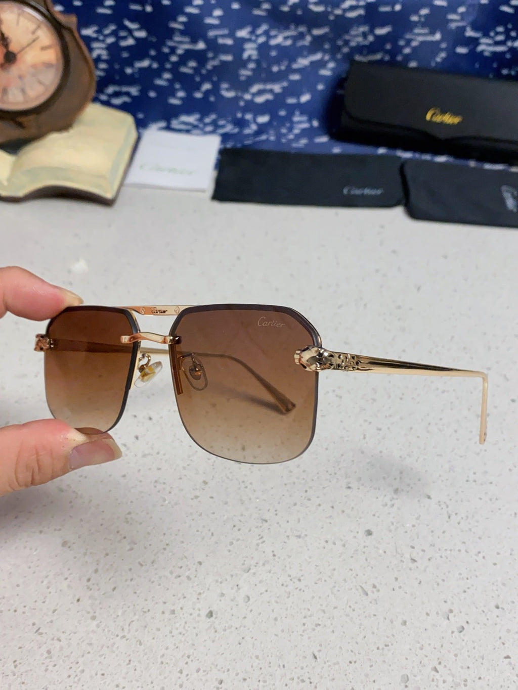 Cartier Metal Square Brown Lens Sunglasses for Men & Women - 158518 - detail image 6