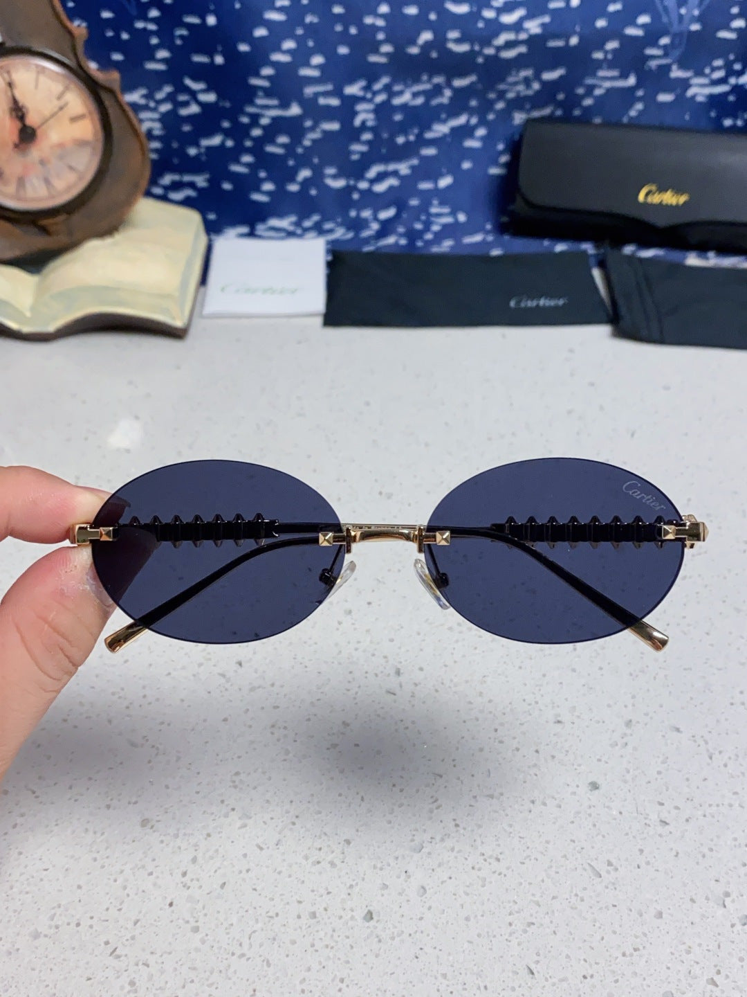 Cartier Lightweight Rimless Blue Lens Sunglasses for Men & Women - 449432 - detail image 4