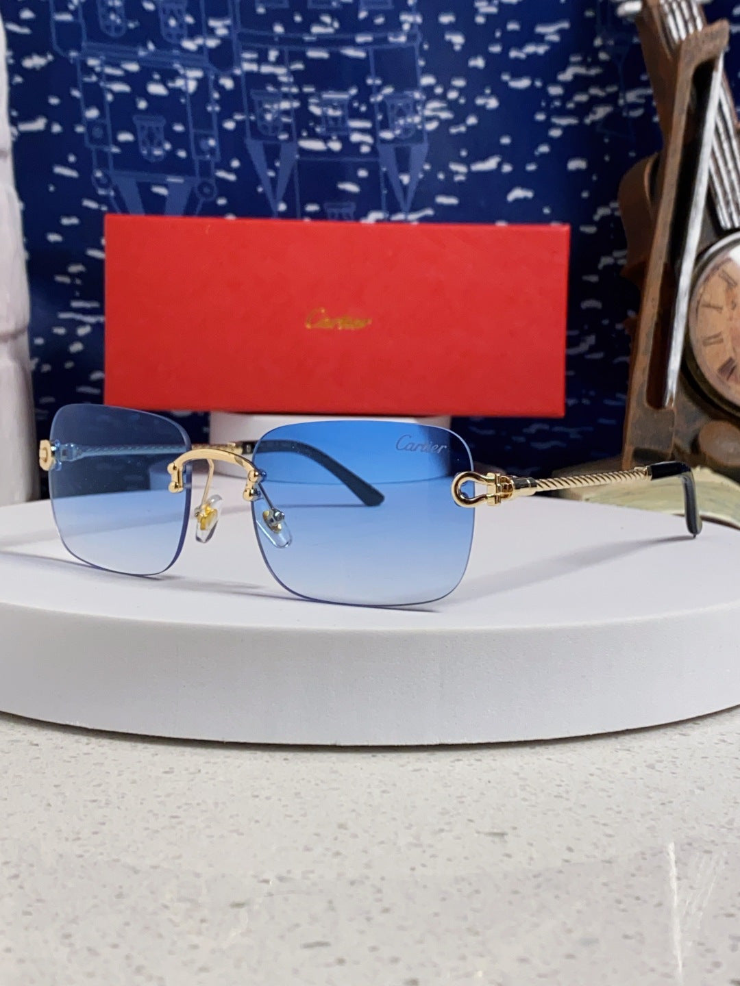 Cartier Lightweight Rimless Blue Lens Sunglasses for Men & Women - 415843