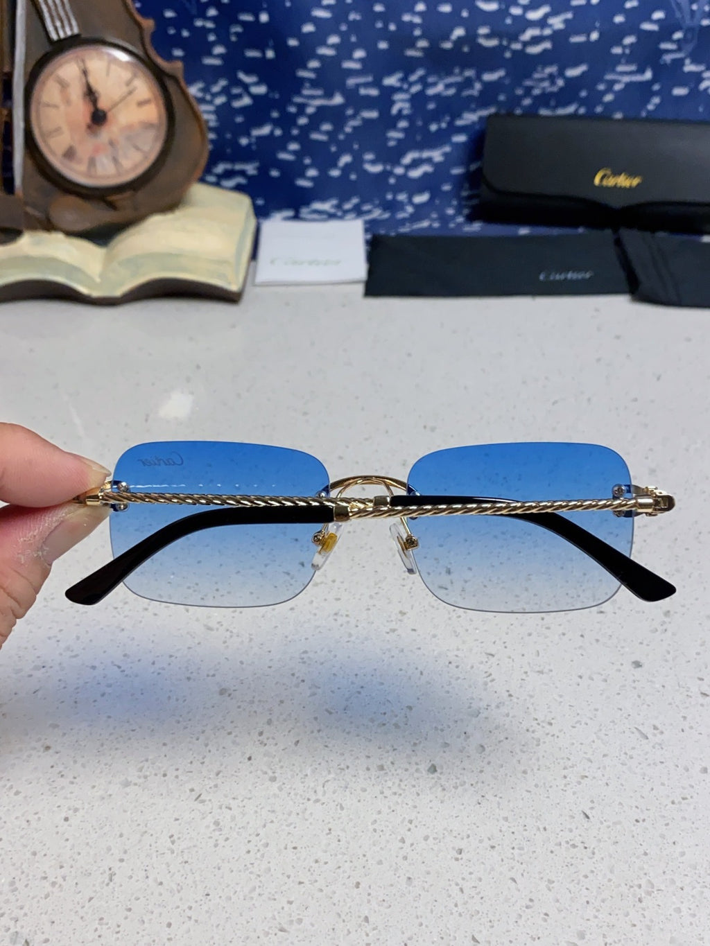 Cartier Lightweight Rimless Blue Lens Sunglasses for Men & Women - 449435 - detail image 5