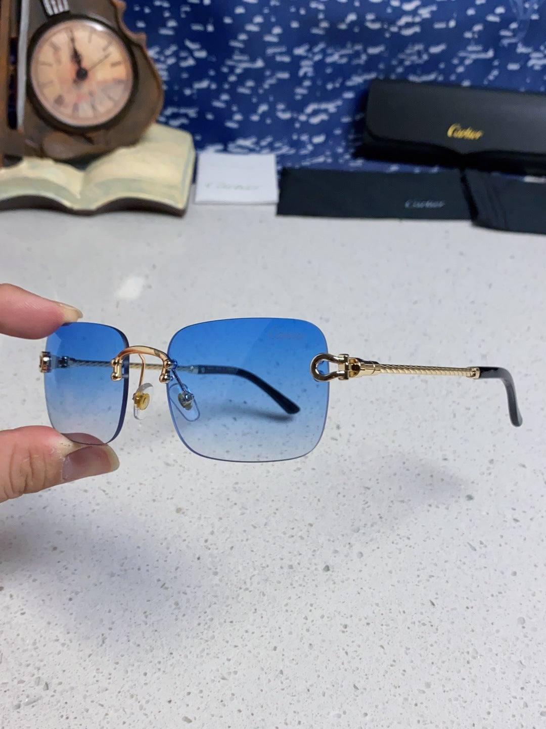 Cartier Lightweight Rimless Blue Lens Sunglasses for Men & Women - 415843 - detail image 6