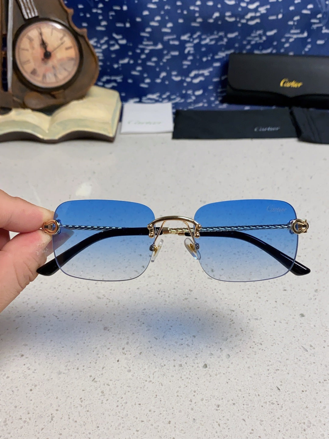 Cartier Lightweight Rimless Blue Lens Sunglasses for Men & Women - 415843 - detail image 4
