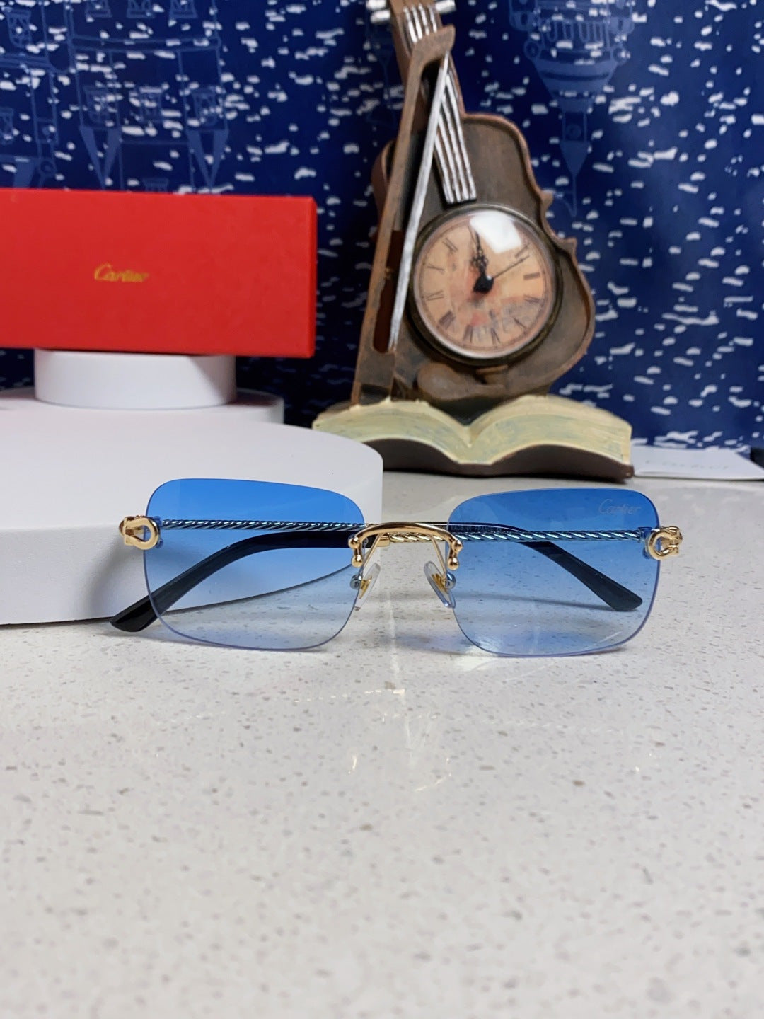 Cartier Lightweight Rimless Blue Lens Sunglasses for Men & Women - 449435 - detail image 9