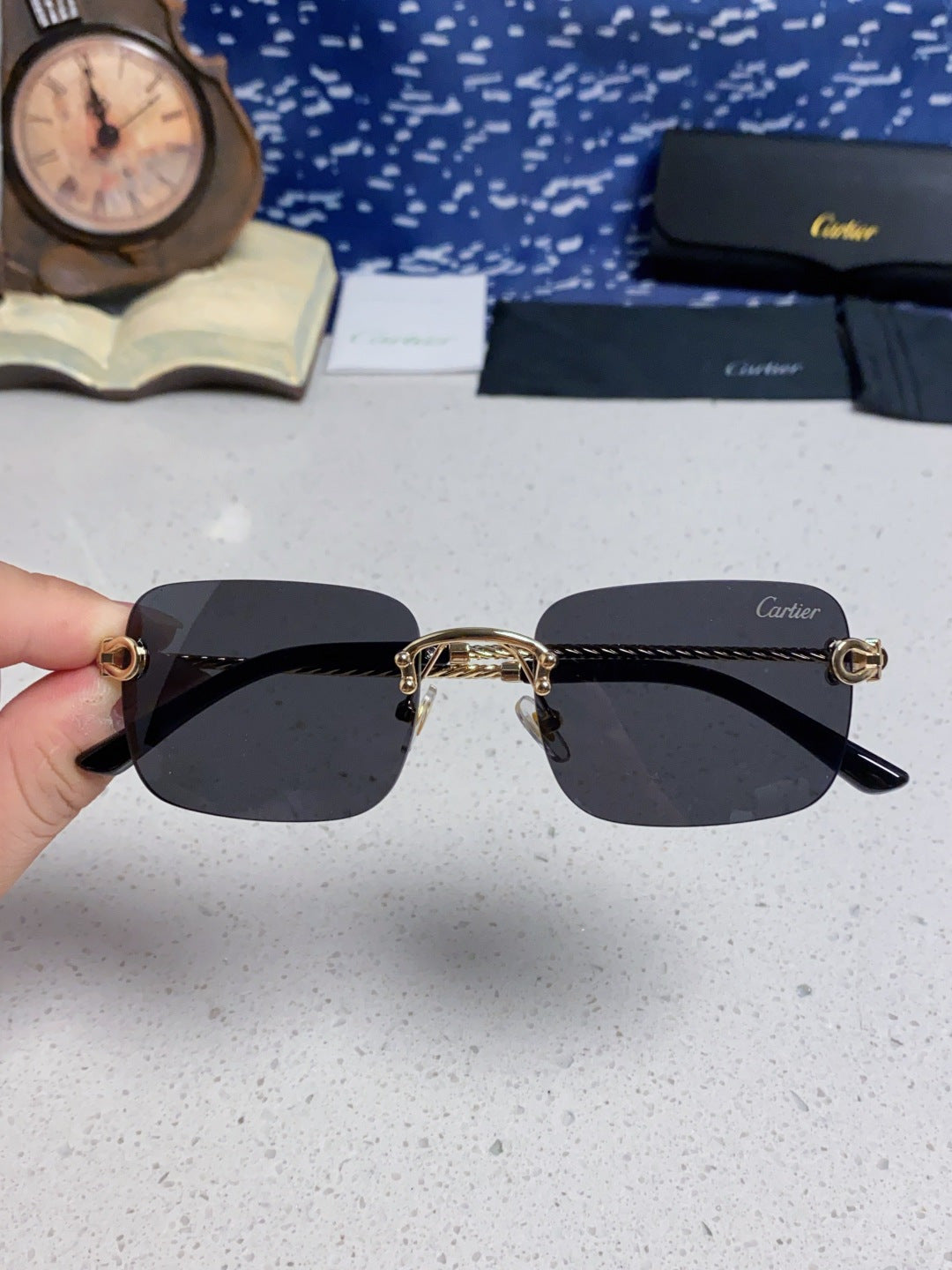 Cartier Lightweight Rimless Black Lens Sunglasses for Men & Women - 449438 - detail image 4