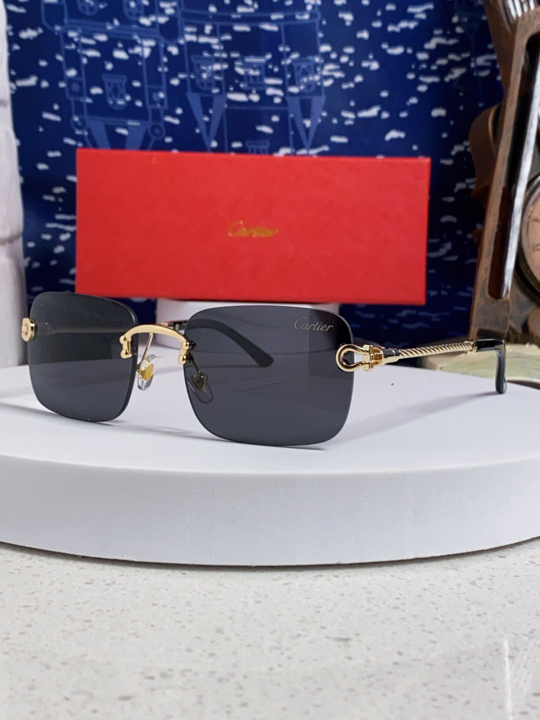 Cartier Lightweight Rimless Black Lens Sunglasses for Men & Women - 449438