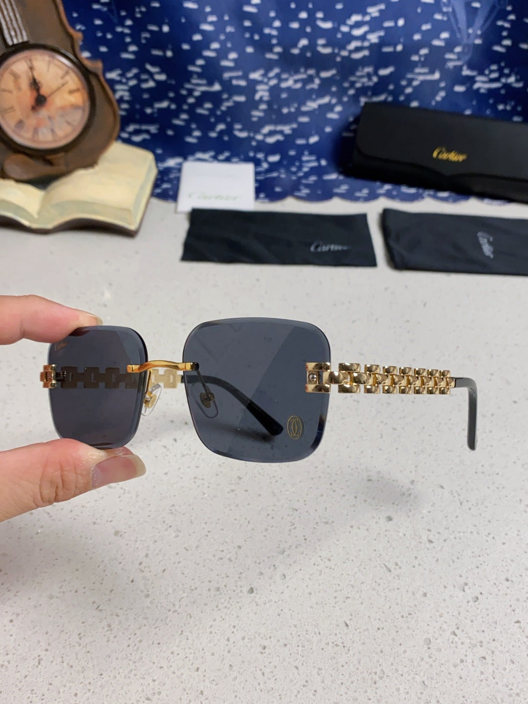 Cartier Lightweight Rimless Blue Lens Sunglasses for Men & Women - 415885 - detail image 6