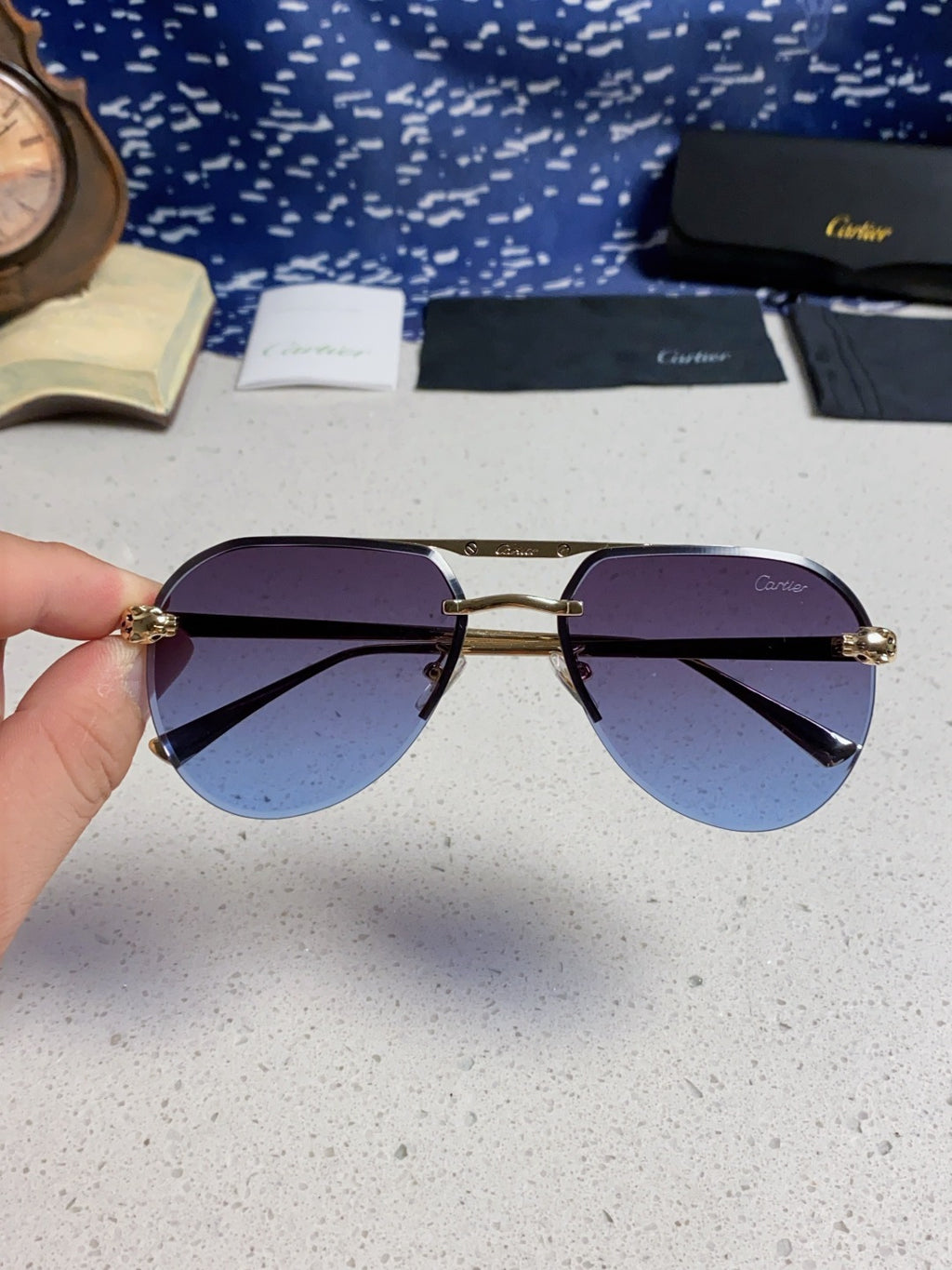 Cartier Metal Round Blue Lens Sunglasses for Men & Women - detail image 4