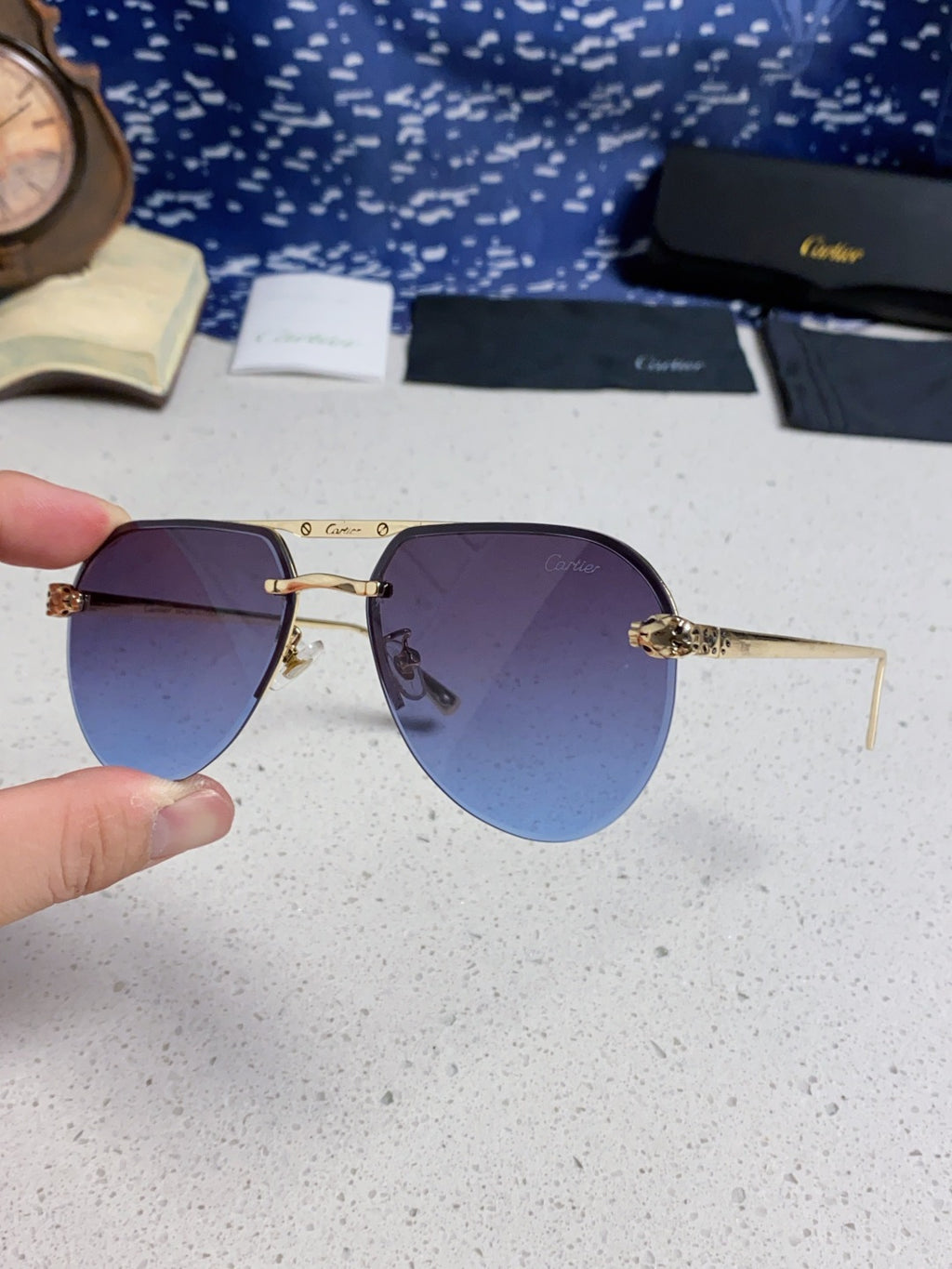Cartier Metal Round Blue Lens Sunglasses for Men & Women - detail image 6