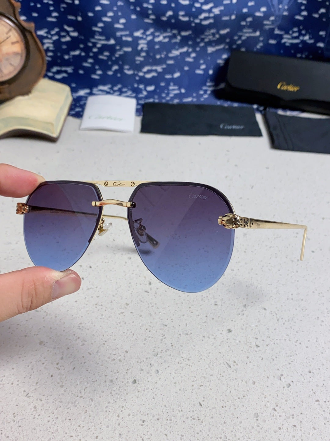 Cartier Metal Round Blue Lens Sunglasses for Men & Women - detail image 6