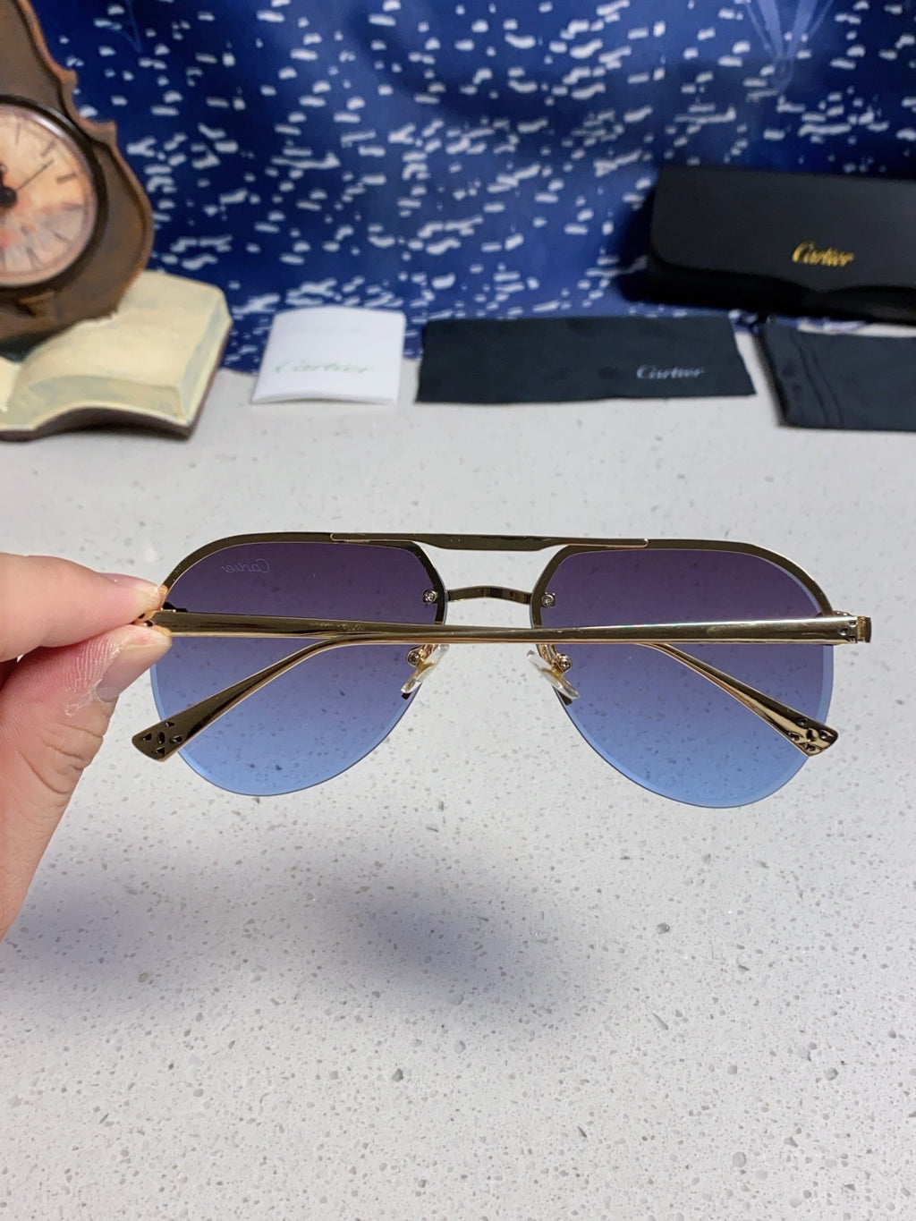 Cartier Metal Round Blue Lens Sunglasses for Men & Women - detail image 5