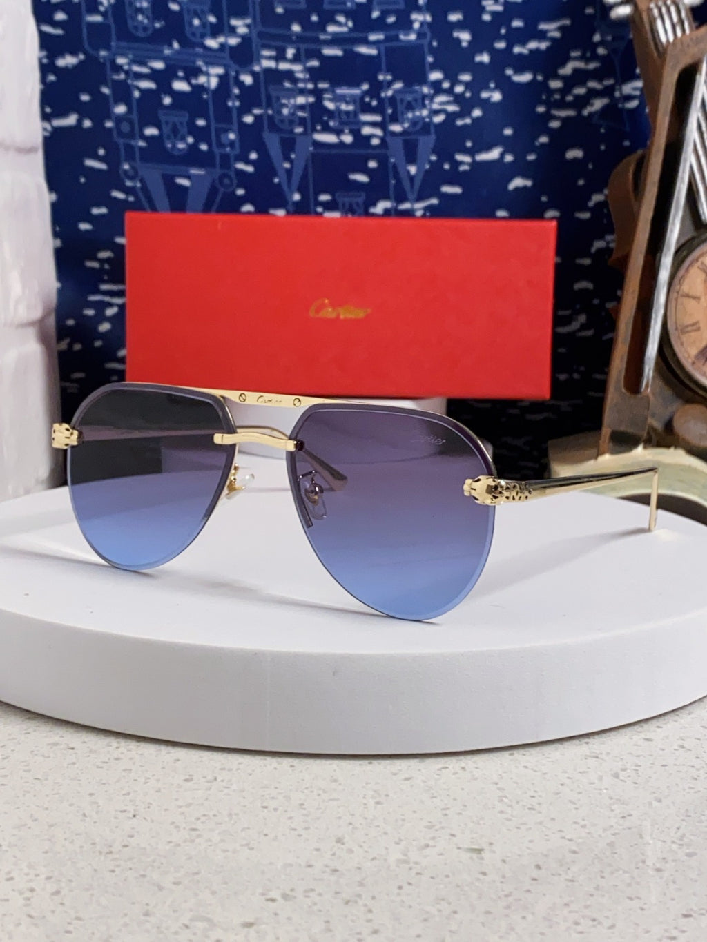 Cartier Metal Round Blue Lens Sunglasses for Men & Women