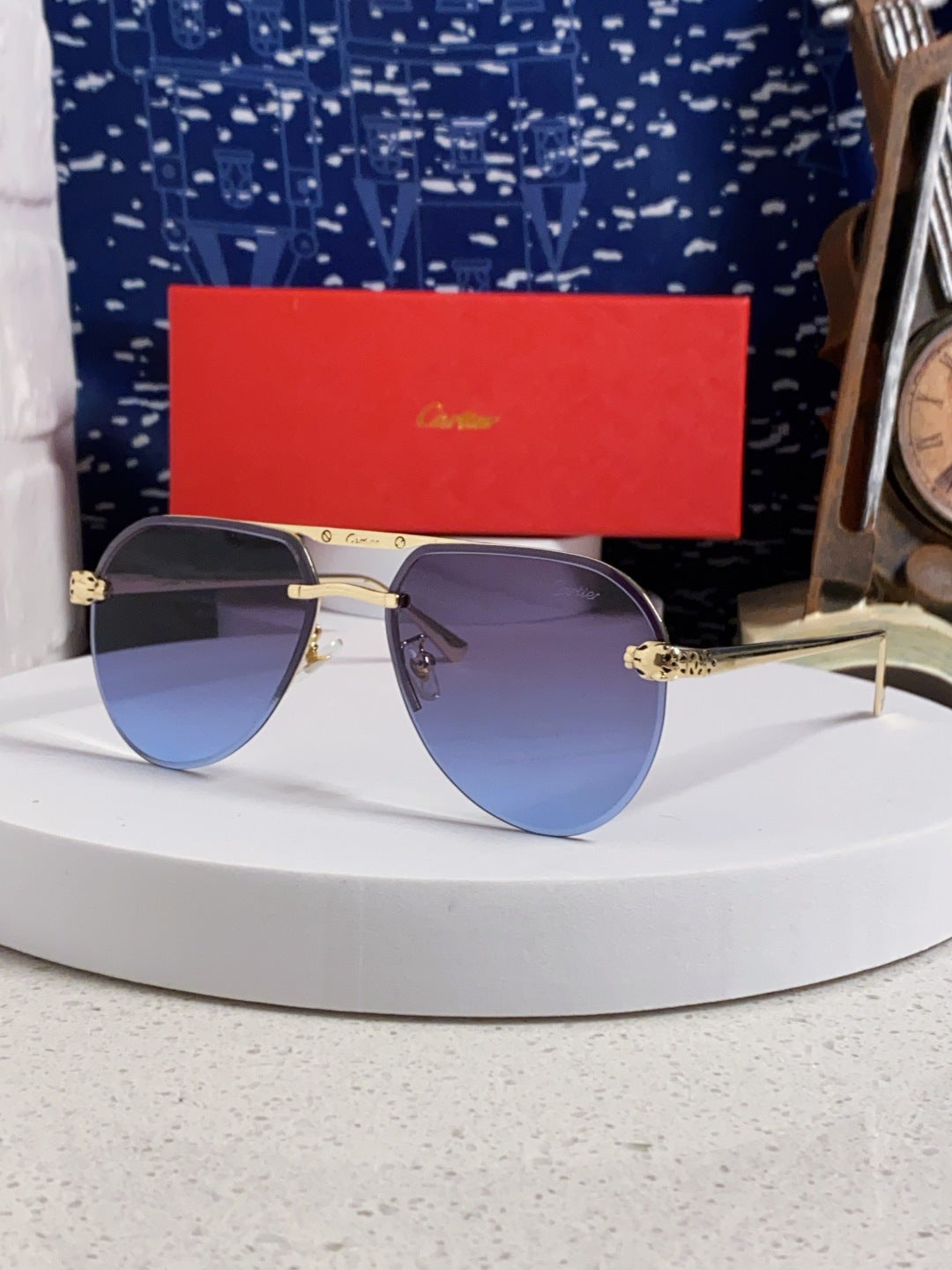 Cartier Metal Round Blue Lens Sunglasses for Men & Women