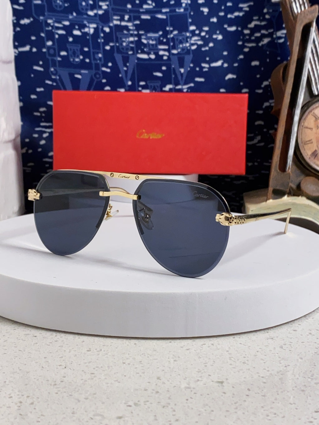 Cartier Metal Round Black Lens Sunglasses for Men & Women - 358538