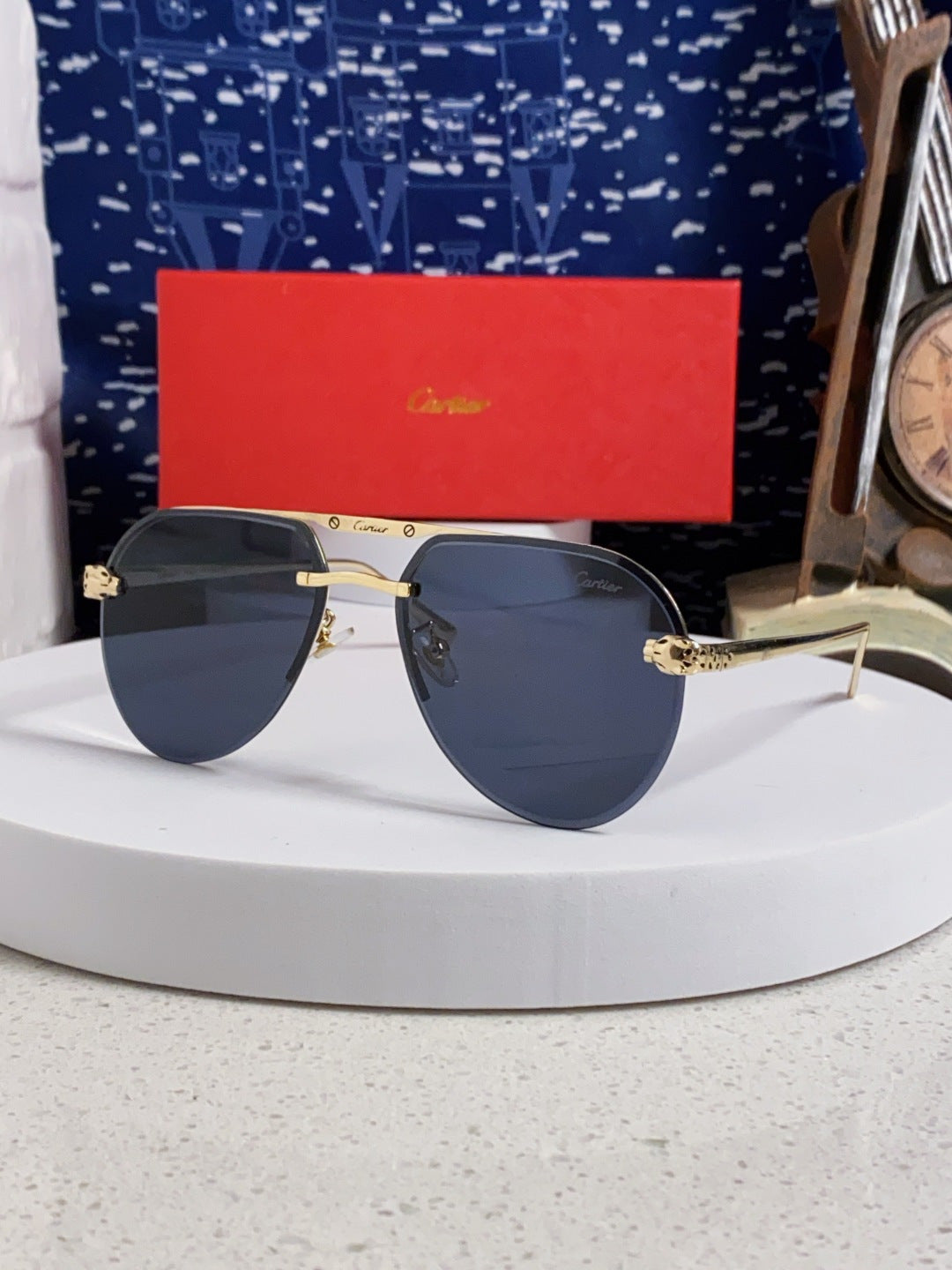 Cartier Metal Round Black Lens Sunglasses for Men & Women - 358538