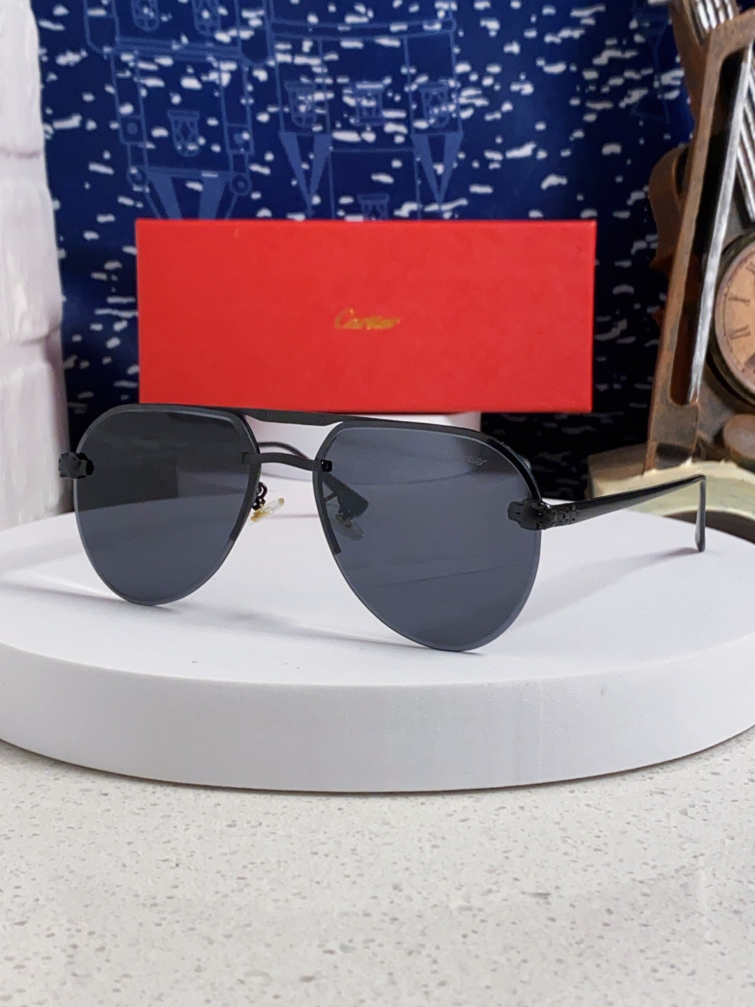 Cartier Metal Round Black Lens Sunglasses for Men & Women - 358540