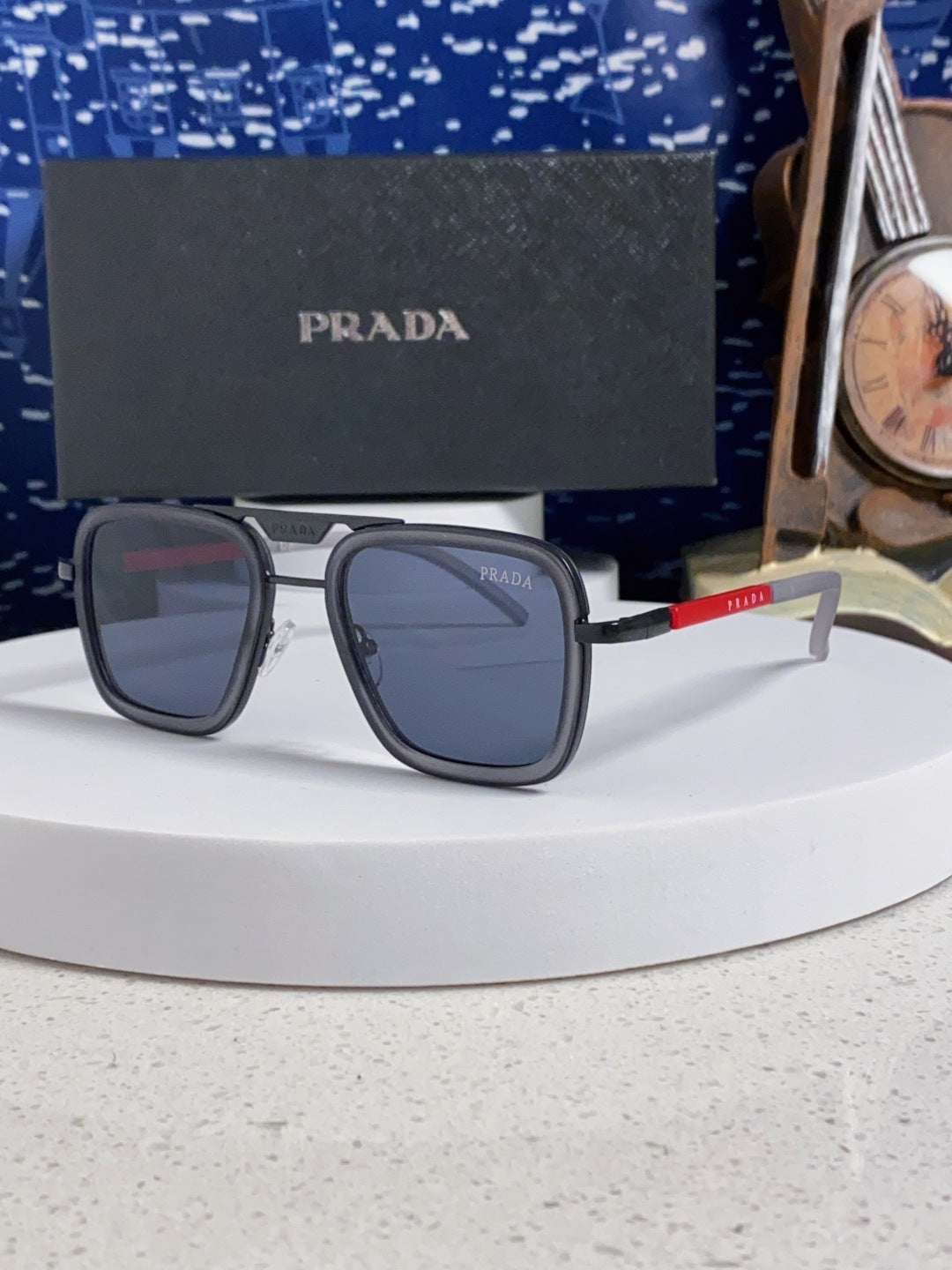 Prada Metal Square Blue Lens Sunglasses for Men & Women - 487052