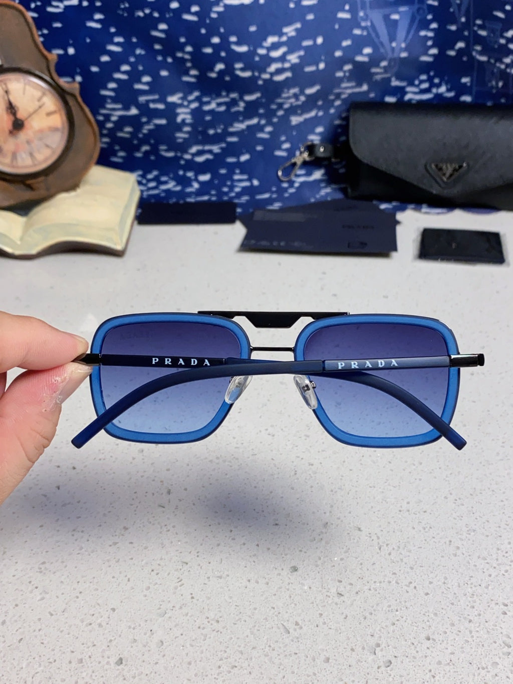 Prada Metal Square Blue Lens Sunglasses for Men & Women - 487053 - detail image 5