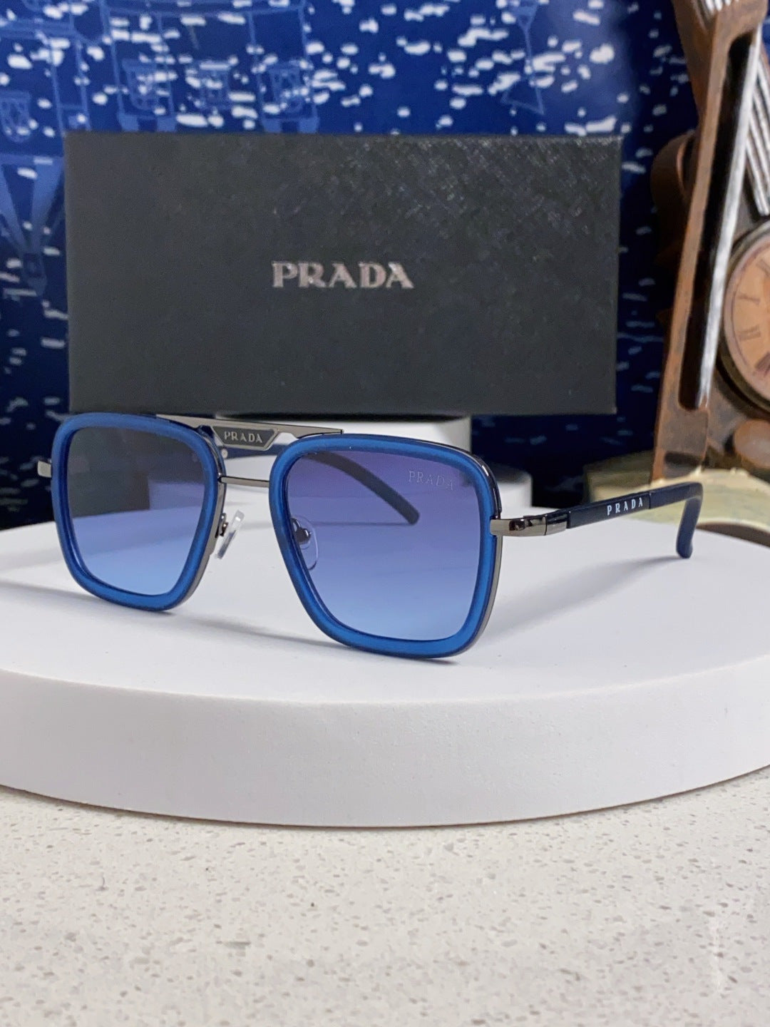 Prada Metal Square Blue Lens Sunglasses for Men & Women - 487053