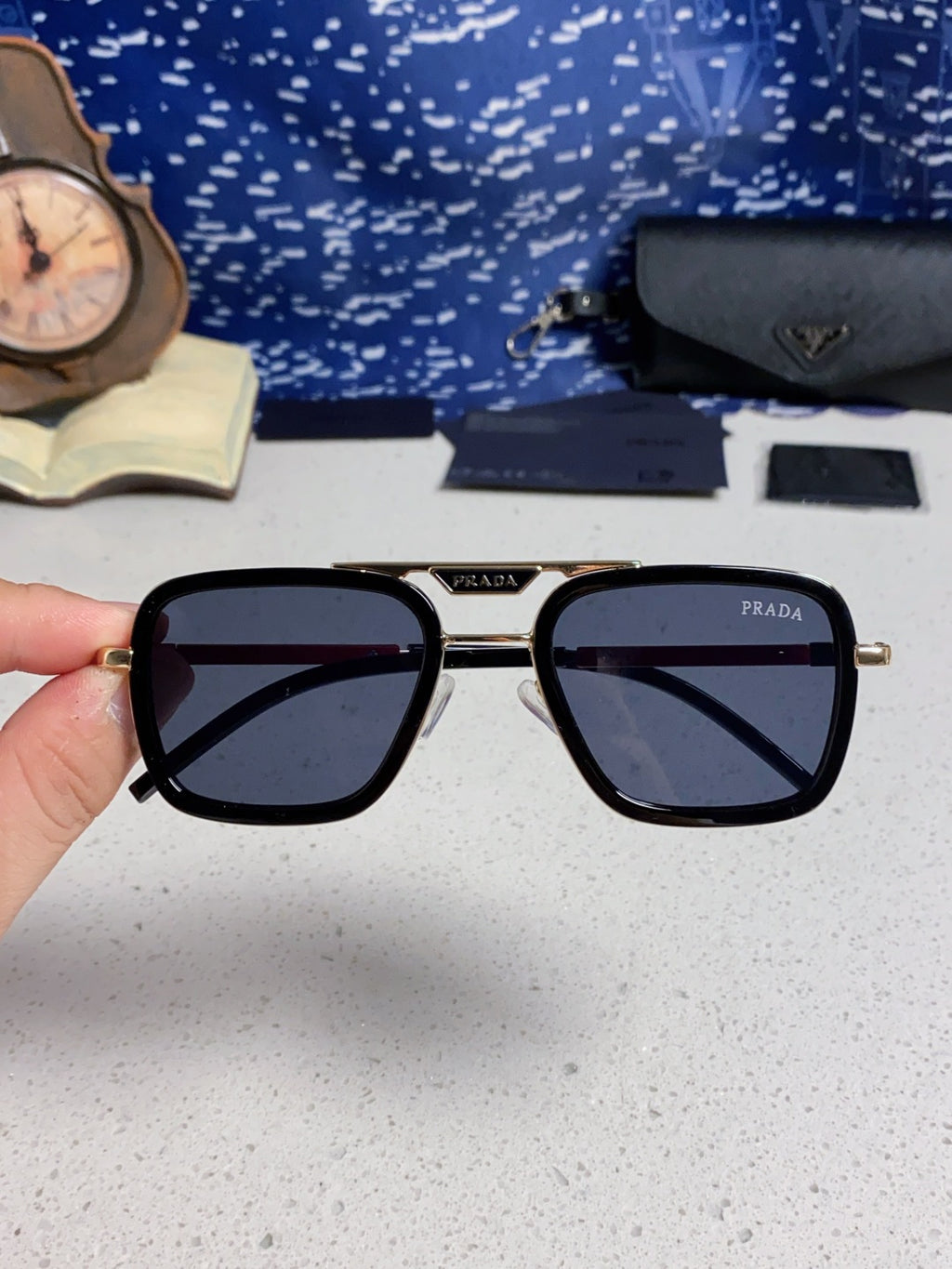 Prada Metal Square Blue Lens Sunglasses for Men & Women - 487055 - detail image 4