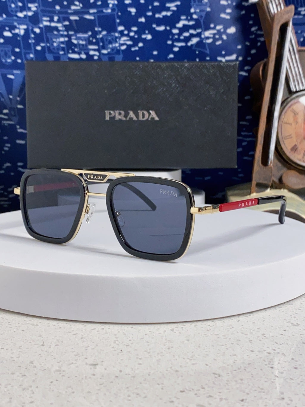 Prada Metal Square Blue Lens Sunglasses for Men & Women - 487055