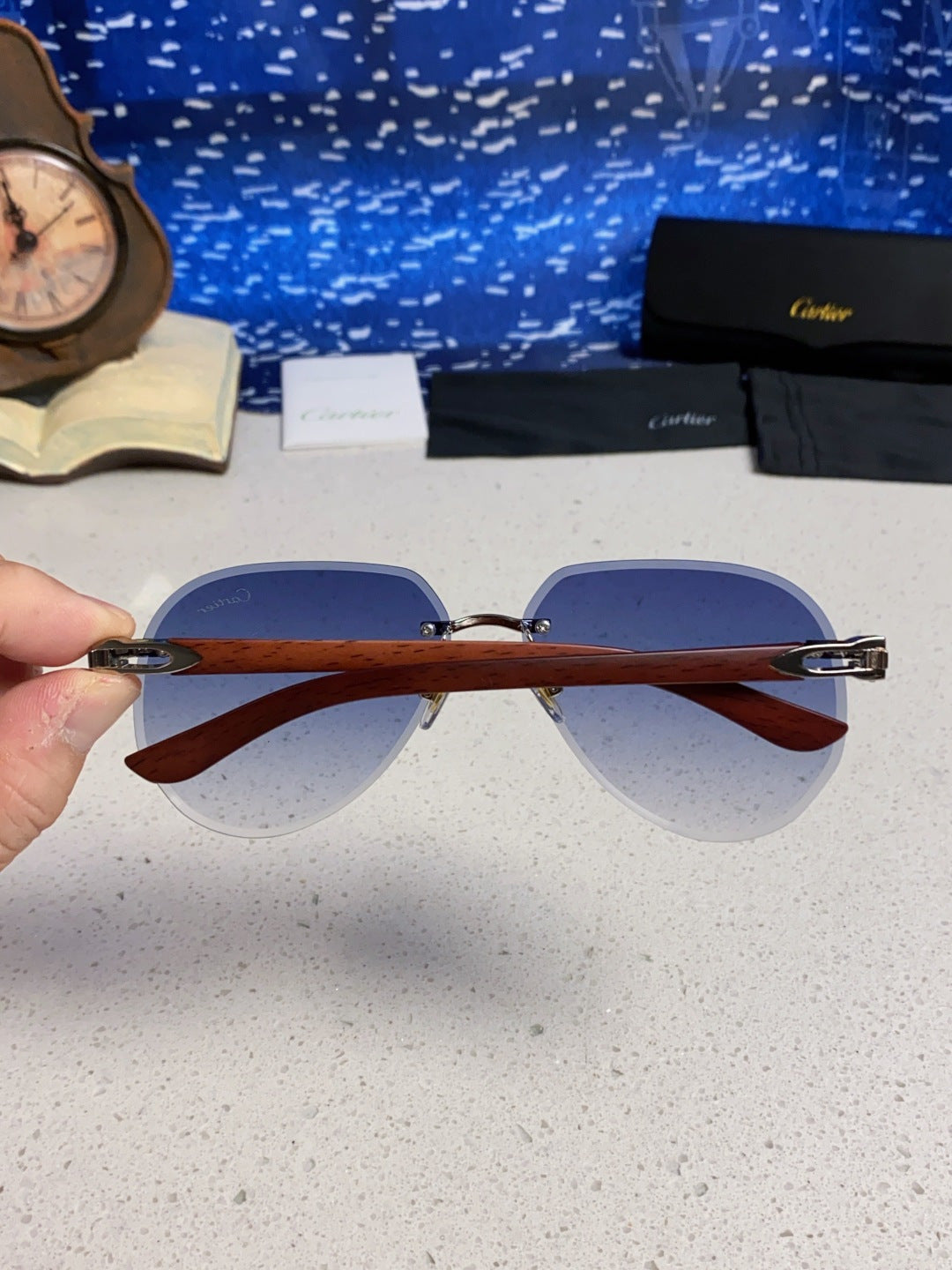 Cartier Lightweight Rimless Blue Lens Sunglasses for Men & Women - 358542 - detail image 4