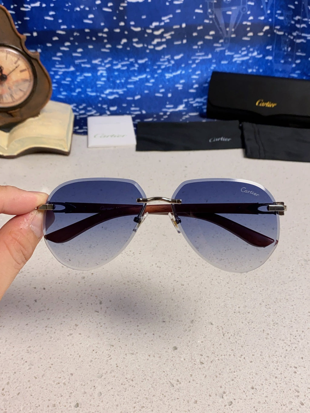 Cartier Lightweight Rimless Blue Lens Sunglasses for Men & Women - 358542 - detail image 3