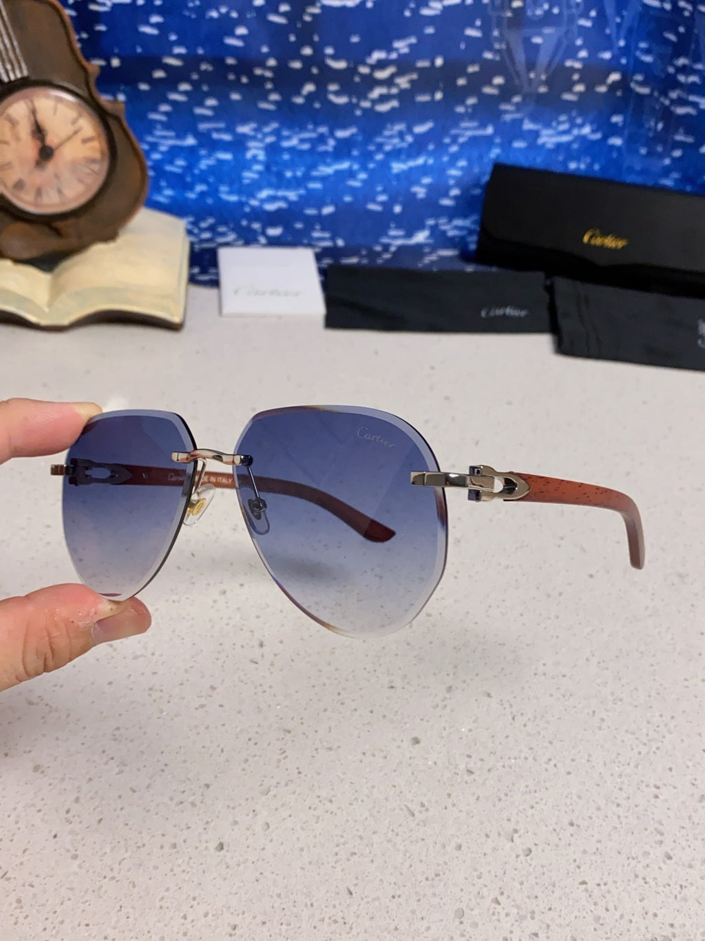 Cartier Lightweight Rimless Blue Lens Sunglasses for Men & Women - 487266 - detail image 6