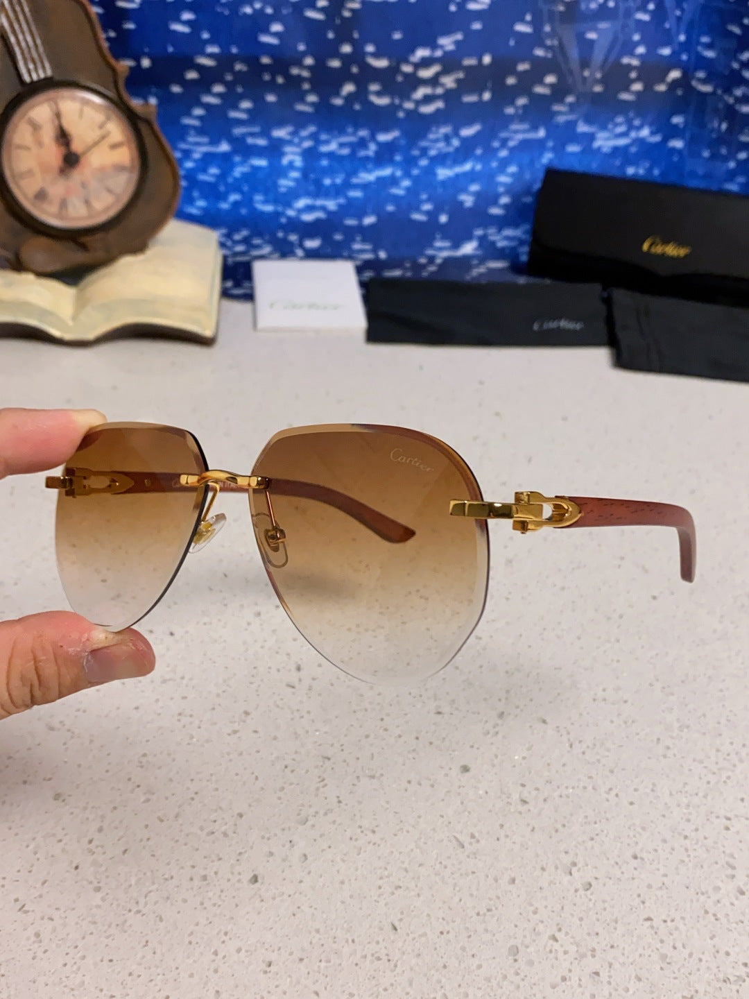 Cartier Lightweight Rimless Brown Lens Sunglasses for Men & Women - 487267 - detail image 6
