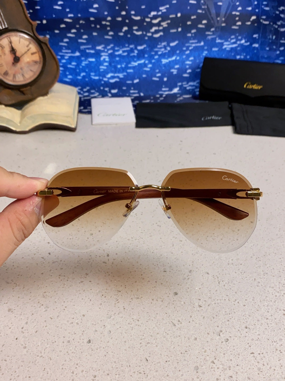 Cartier Lightweight Rimless Brown Lens Sunglasses for Men & Women - 358543 - detail image 4