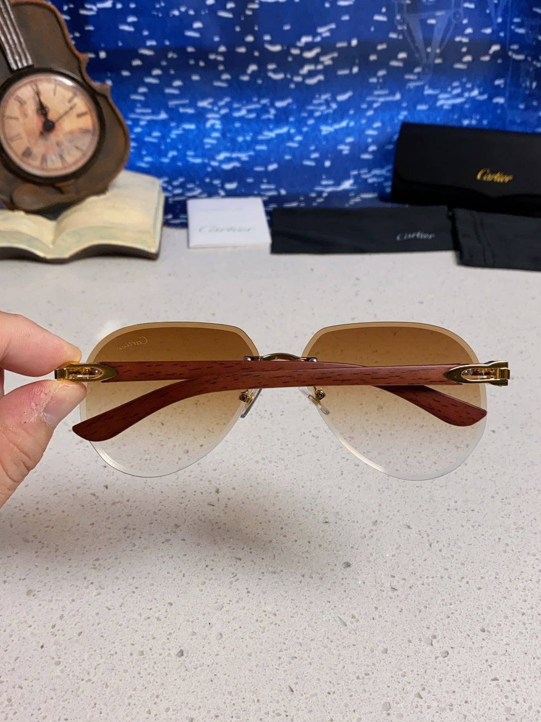 Cartier Lightweight Rimless Brown Lens Sunglasses for Men & Women - 358543 - detail image 5