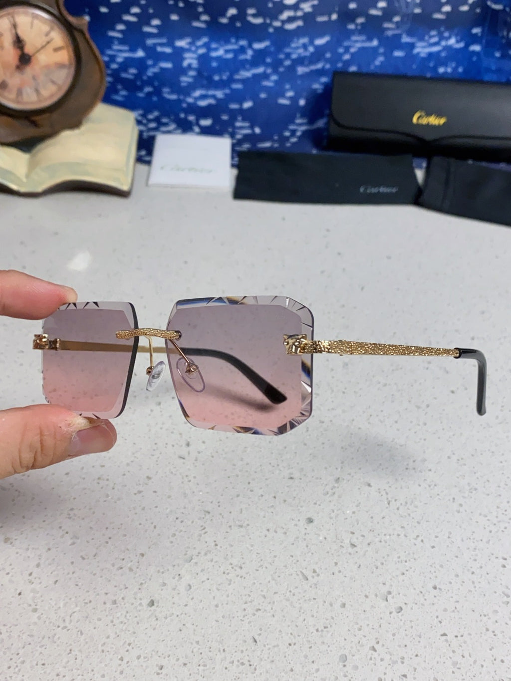 Cartier Lightweight Metal Rimless Blue Lens Sunglasses for Men & Wome - 132557 - detail image 6