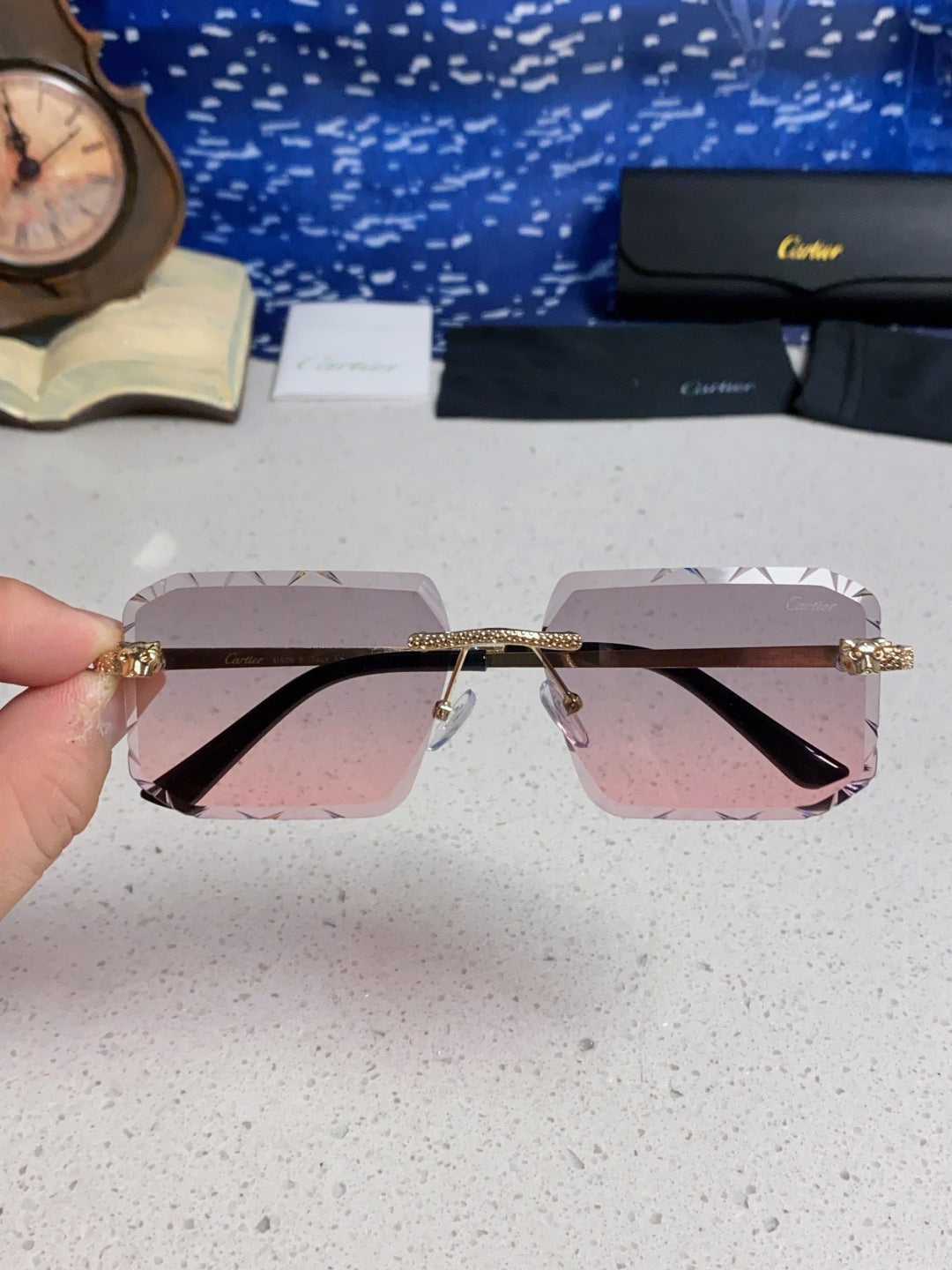 Cartier Lightweight Metal Rimless Blue Lens Sunglasses for Men & Wome - 132557 - detail image 4